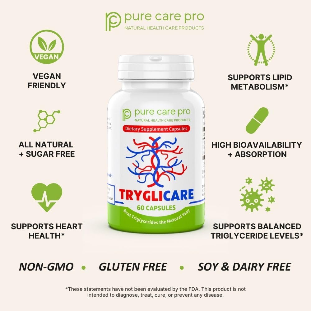 Pure Care Pro Tryglicare All-Natural Triglyceride Lowering Supplements for Maintaining Healthy Triglycerides Levels as a Daily Supplement, Vegan & Gluten Free 60 Capsules