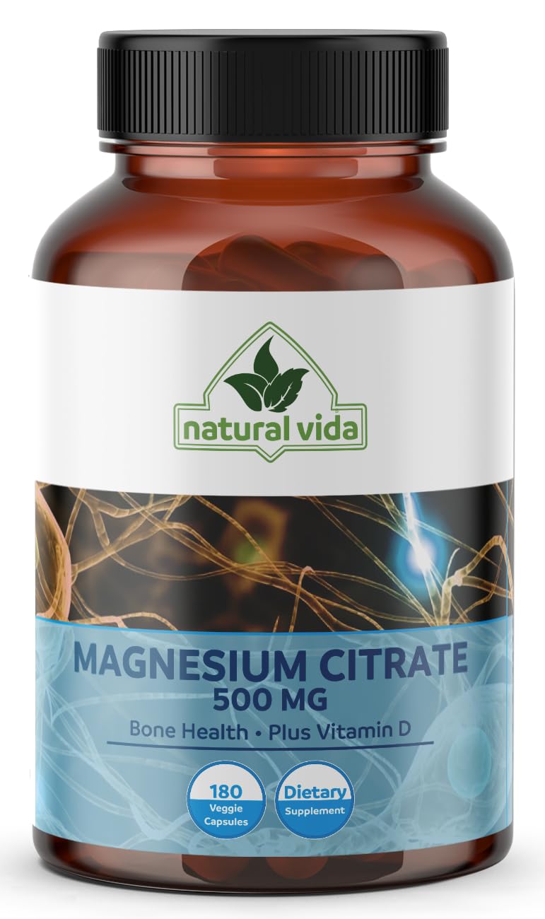 Natural Vida Magnesium Citrate 500mg + Vitamin D Capsules, 180 Capsules