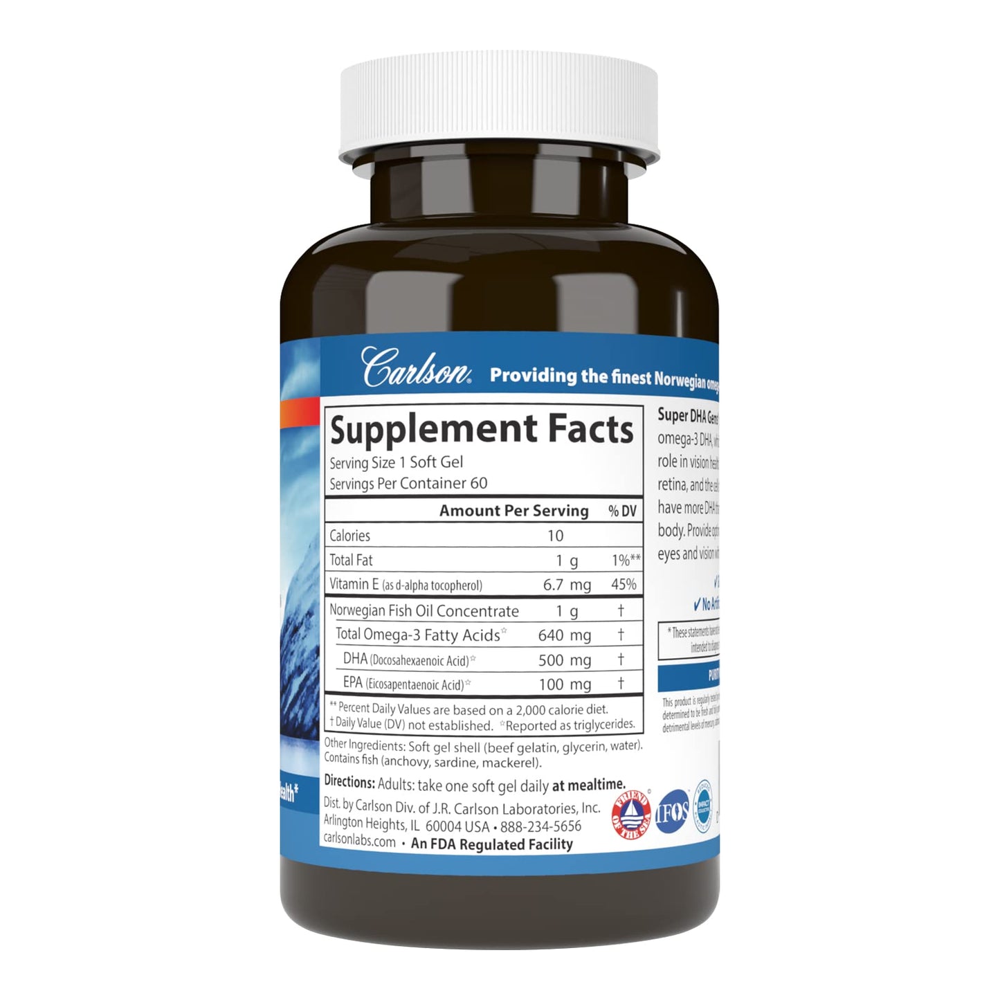 Carlson Super DHA Gems Softgels, 500 mg DHA, Norwegian Fish Oil, Wild-Caught, Sustainably Sourced, Cognitive Health, 60 Softgels