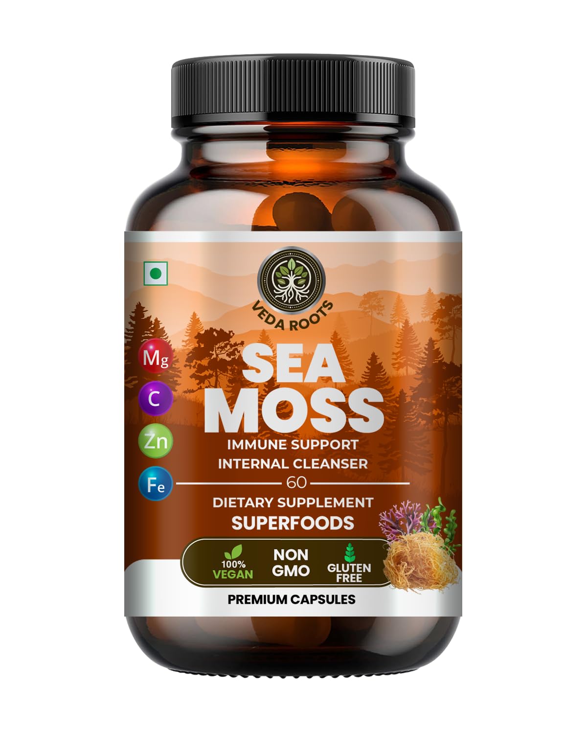 VEDA ROOTS Sea Moss Capsules with Burdock Root, Bladderwrack & Muira Puama, 60 Capsules