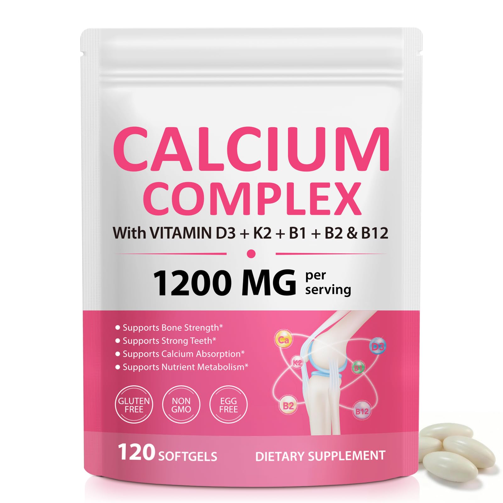 AIQIUSHA Calcium 1200mg with Vitamin D3 & K2 Softgels, High Absorption Calcium Supplement for Bone & Teeth Support, Daily Calcium for Women Men & Seniors, Easy to Swallow, 120 Softgels