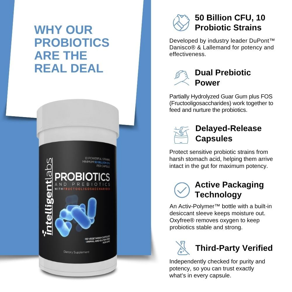 Intelligent Labs Adult Probiotics & Prebiotics 50B CFU for Gut Health Capsule 60 Count