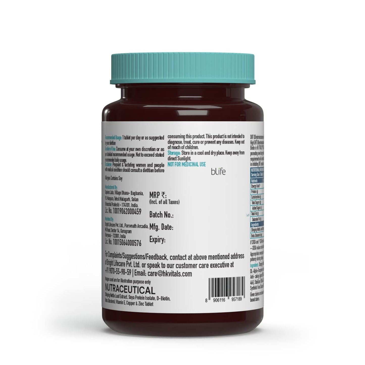 Glamzy HK Vitals DHT Blocker with Biotin, Stinging Nettle and Soya Protein, Helps Reduce Hair Fall, Stimulates Hair Growth, 60 Tablets