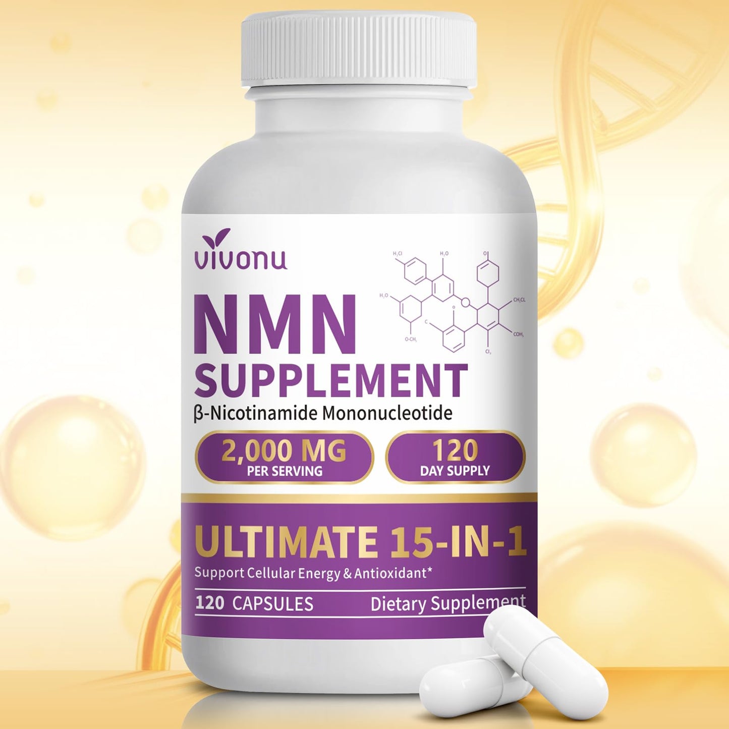 VivoNu 15-in-1 Liposomal NMN Supplement Capsule, 120 Capsules