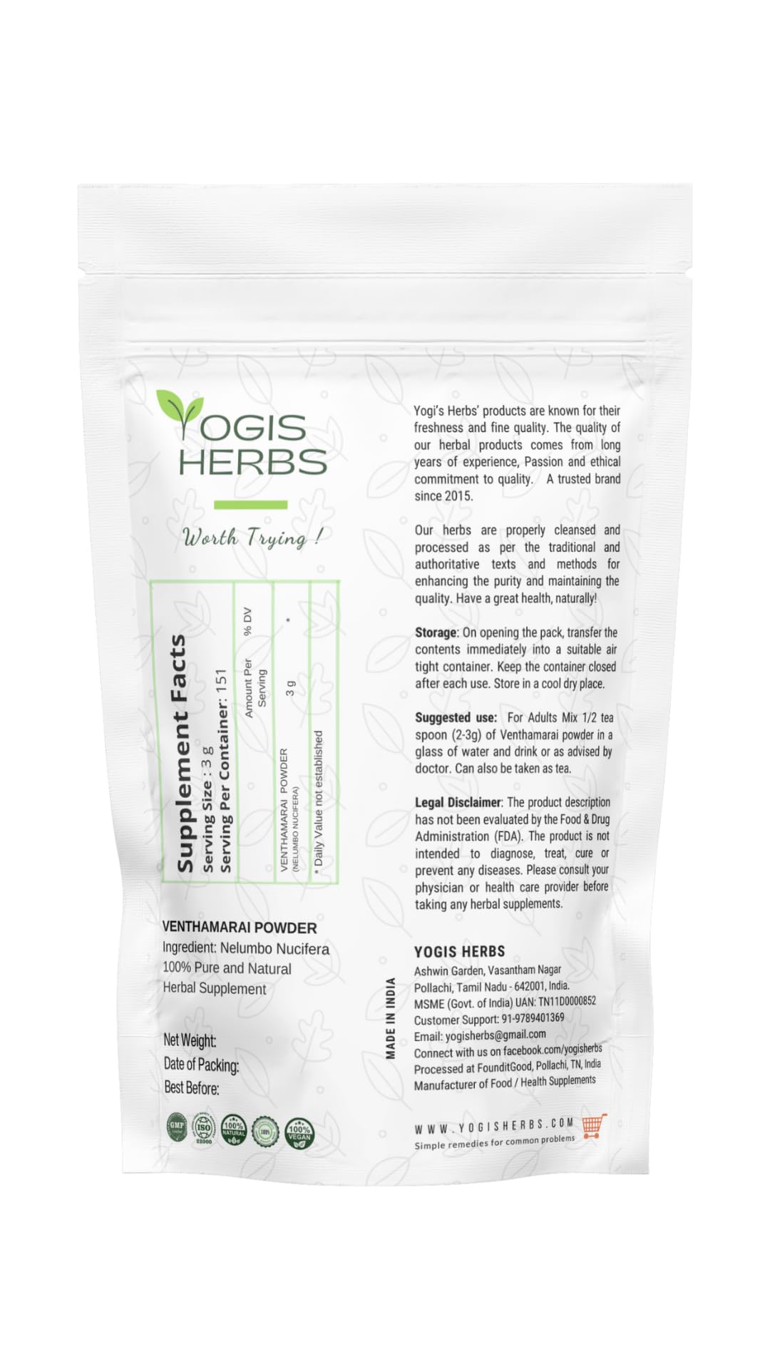 YOGIS HERBS Venthamarai Powder, White Lotus (Nelumbo Nucifera/Sacred Lotus/Padma) - Traditional Tamil Siddha Herb for Heart Wellness, Supports Calm Mind & Restful Sleep - Pure Petal Powder, 16