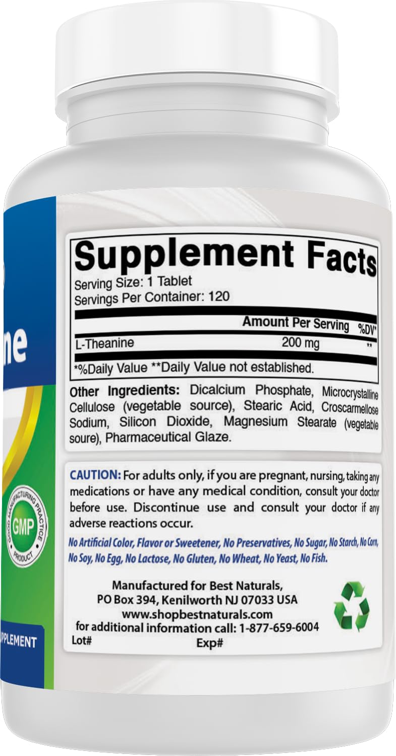 Best Naturals L-Theanine 200mg per Tablet (400mg per 2 Tablets) - Promotes Relaxation Without Drowsiness - 120 Vegetarian Tablets