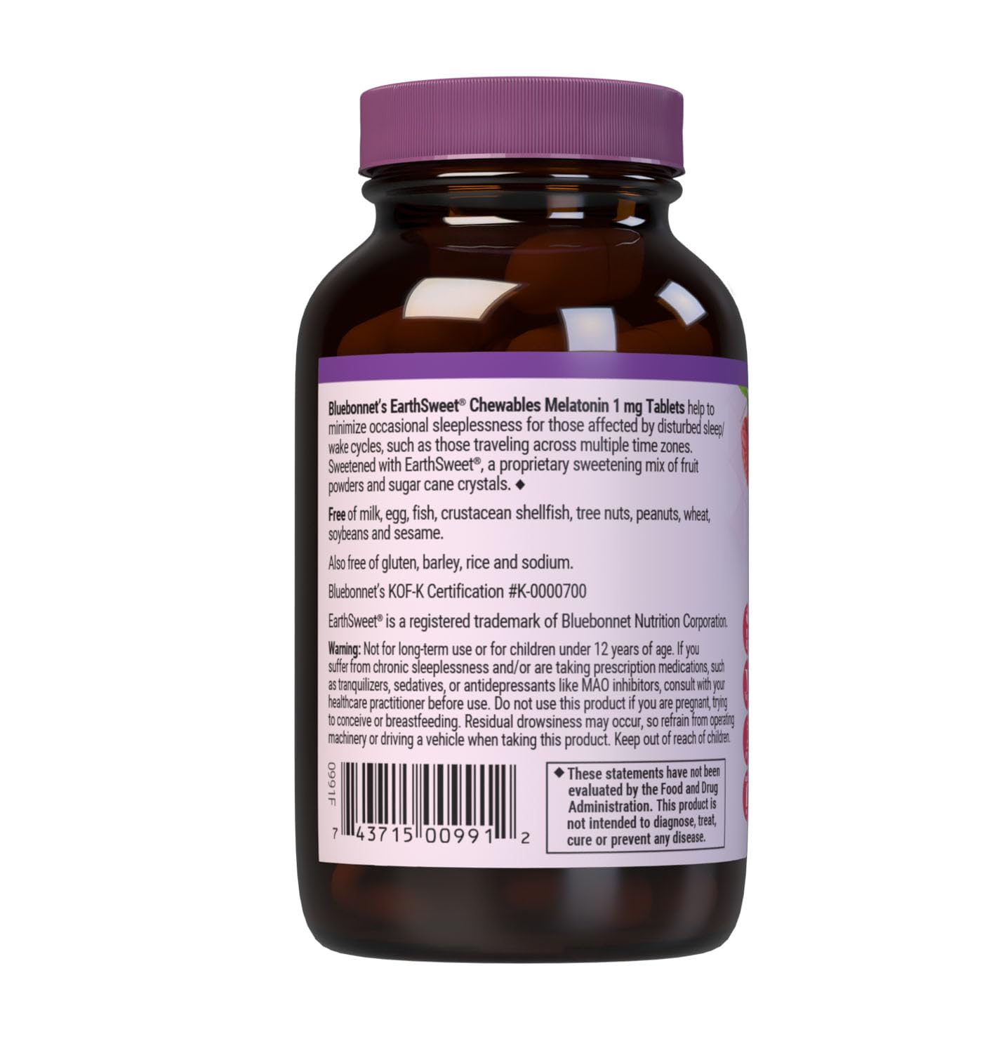 BlueBonnet EarthSweet Melatonin 1 mg Fast-Acting Quick Dissolve Nighttime Relaxation & Restful Sleep Support, 120 Tablets