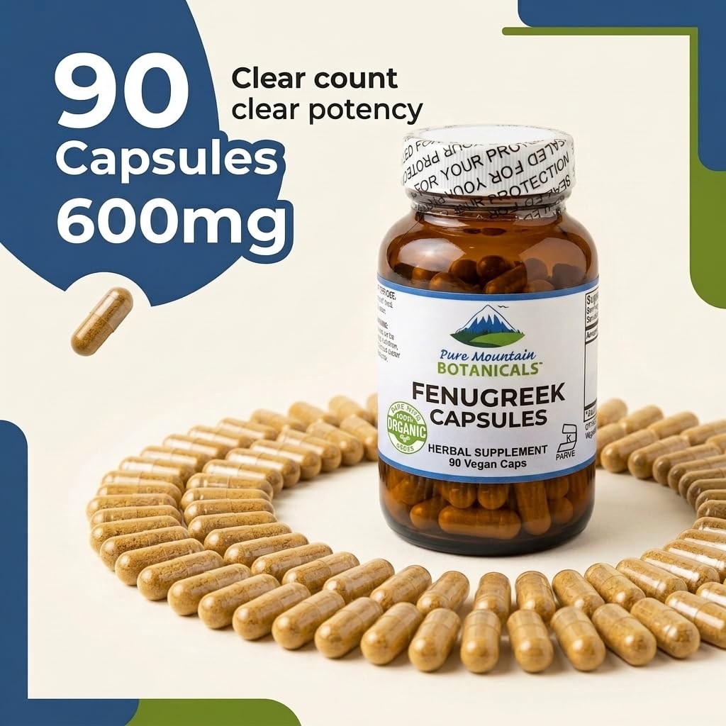 Pure Mountain Botanicals Fenugreek 600mg Capsules Organic, 90 Count