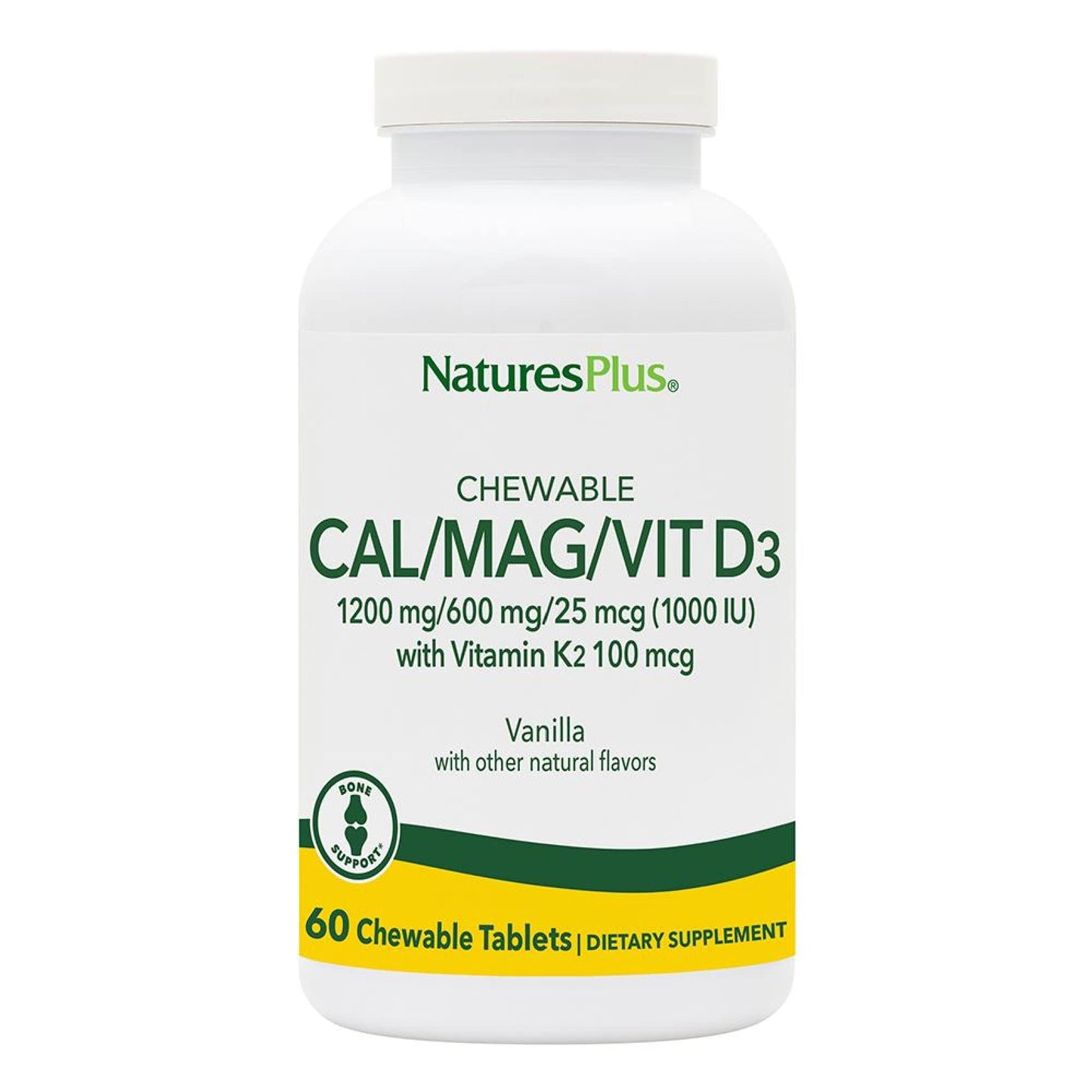 NaturesPlus Calcium/Magnesium/Vitamin D3 with Vitamin K2 Chewable Tablets, 60 Count
