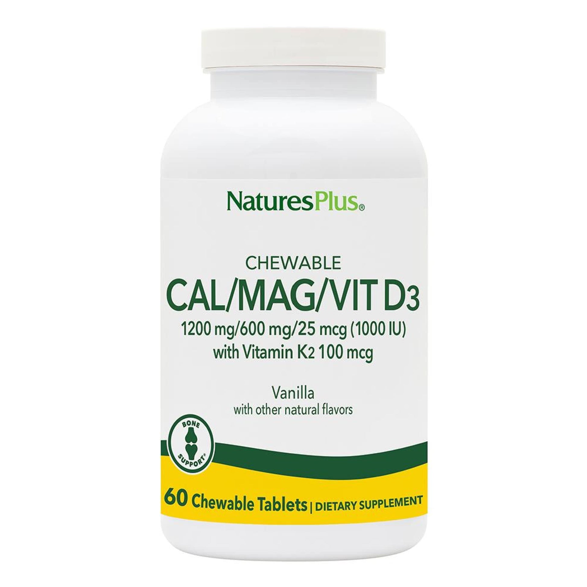 NaturesPlus Calcium/Magnesium/Vitamin D3 with Vitamin K2 Chewable Tablets, 60 Count