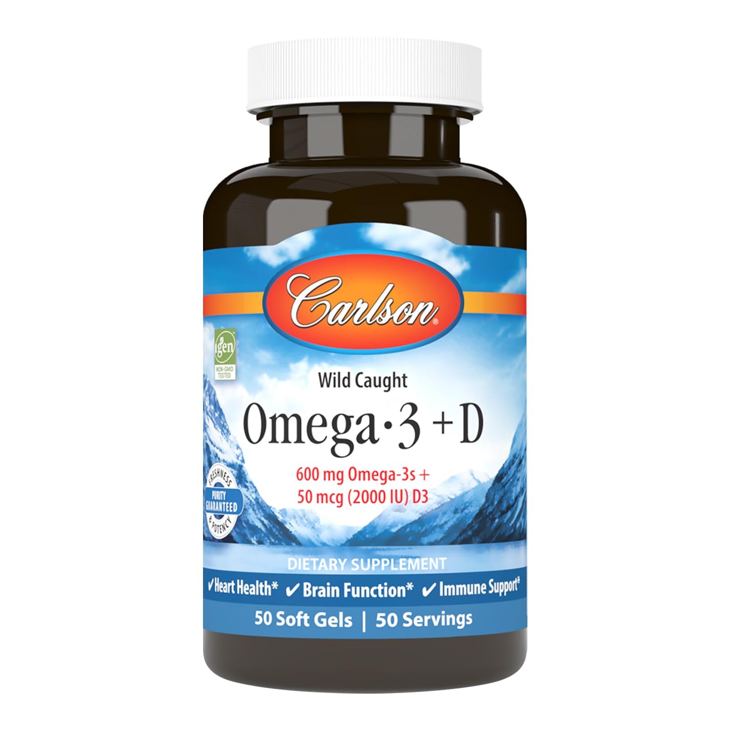 Carlson Omega-3 + D 600 mg Omega-3s with EPA & DHA + 2,000 IU Vitamin D3 Softgels, 50 Count