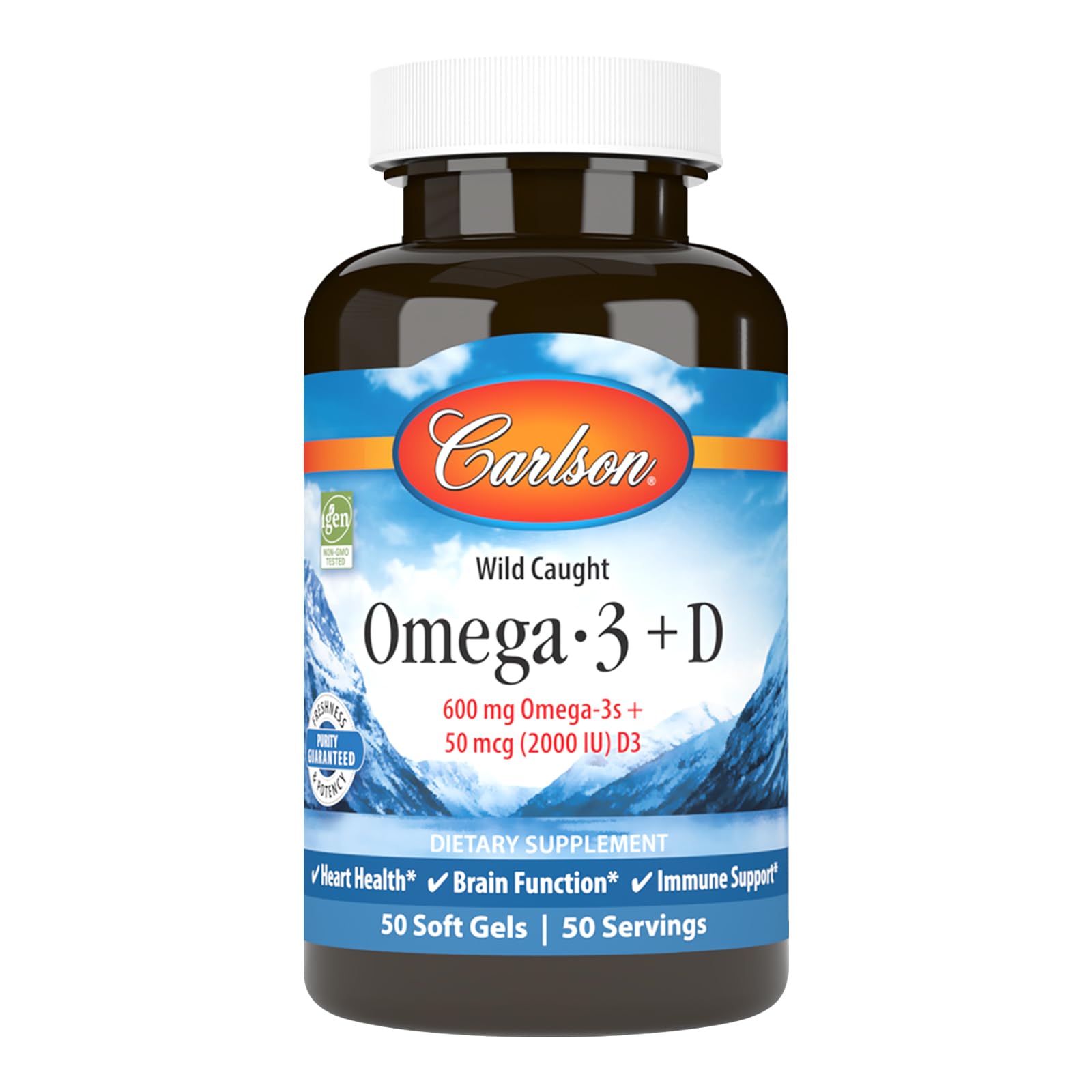 Carlson Omega-3 + D 600 mg Omega-3s with EPA & DHA + 2,000 IU Vitamin D3 Softgels, 50 Count