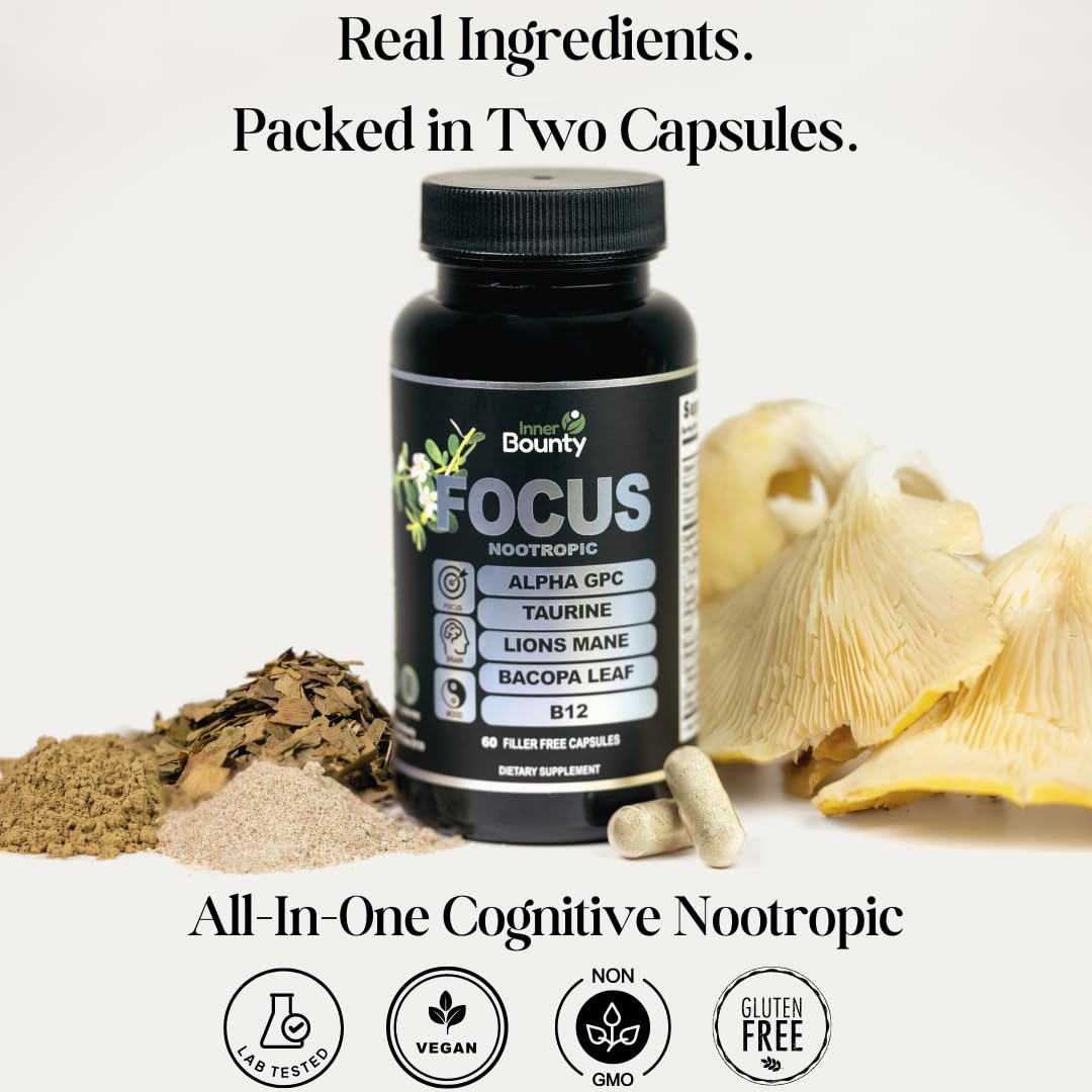 Inner Bounty Focus 14-in-1 Nootropic Brain Supplement with Lions Mane, Alpha GPC Choline, Vitamin C & B12, Taurine, Bacopa - Energy, Cognitive, Memory Support Capsule, 60 Count