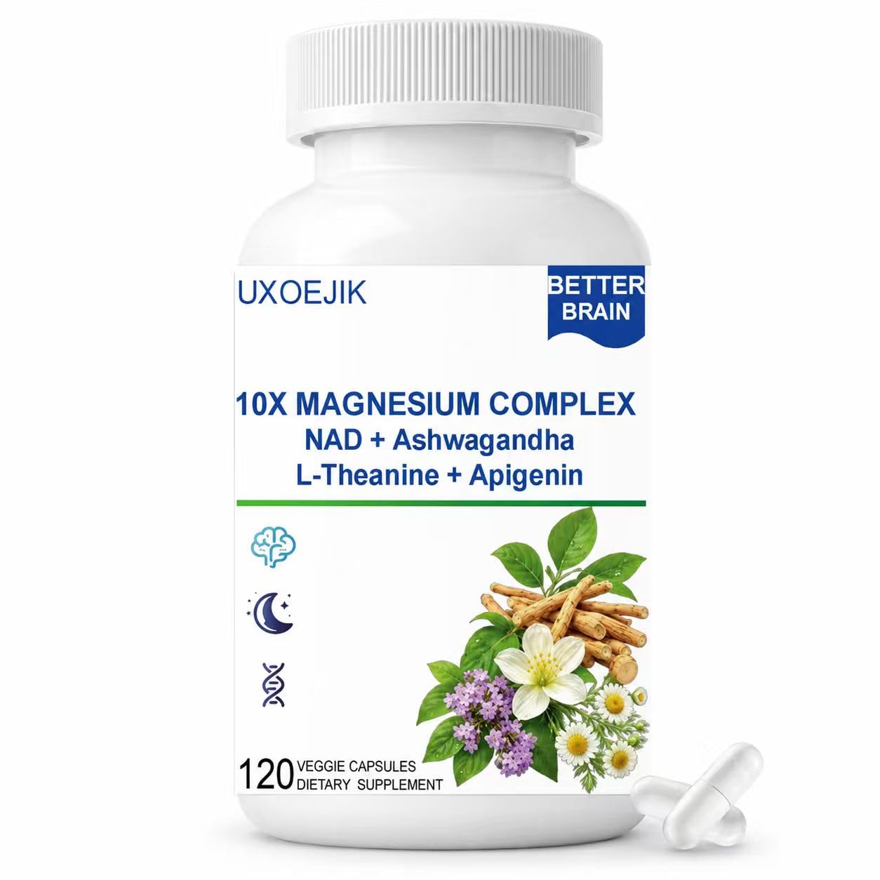 UXOEJIK Magnesium Complex Supplement with Apigenin, NAD+ & L-Theanine for Sleep Support, 10-in-1 Formula, Magnesium Glycinate, Malate, Citrate, Oxide, Aspartate for Memory & Cognitive Support 120 Capsules