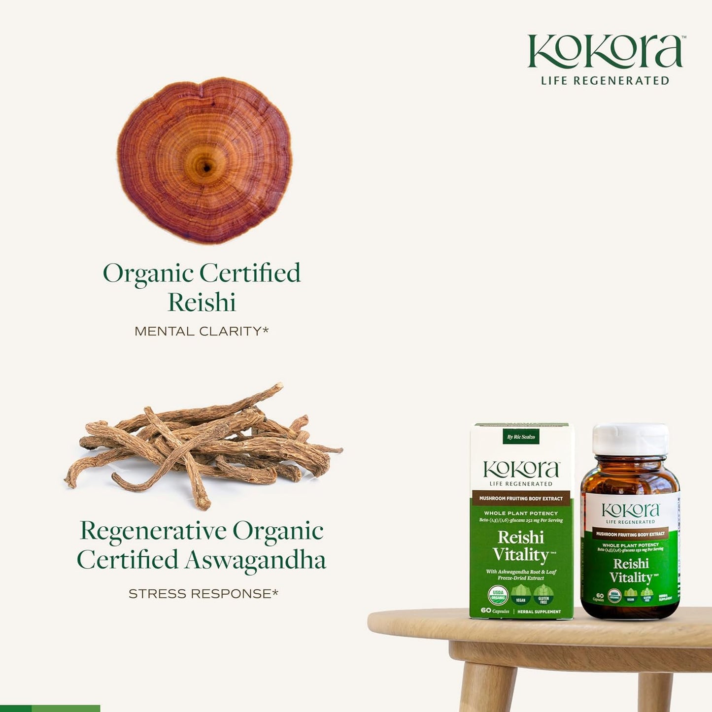 Kokora Reishi Vitality Organic Adaptogenic Mushroom Capsules with Beta Glucans & Ashwagandha, Vegan, Non-GMO, 60 Capsules