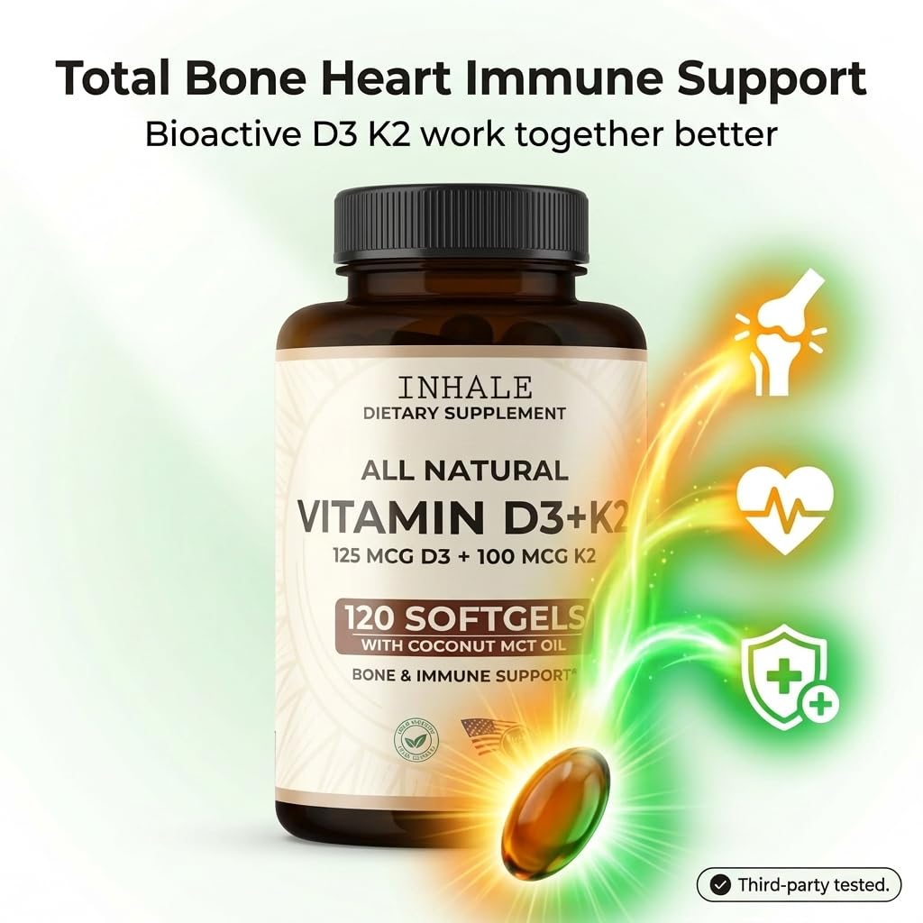 Inhale Vitamin D3 + K2 with Coconut Oil – 5000 IU D3 & 100 mcg MK7 K2 for Bone, Heart & Immune Support Softgels 120