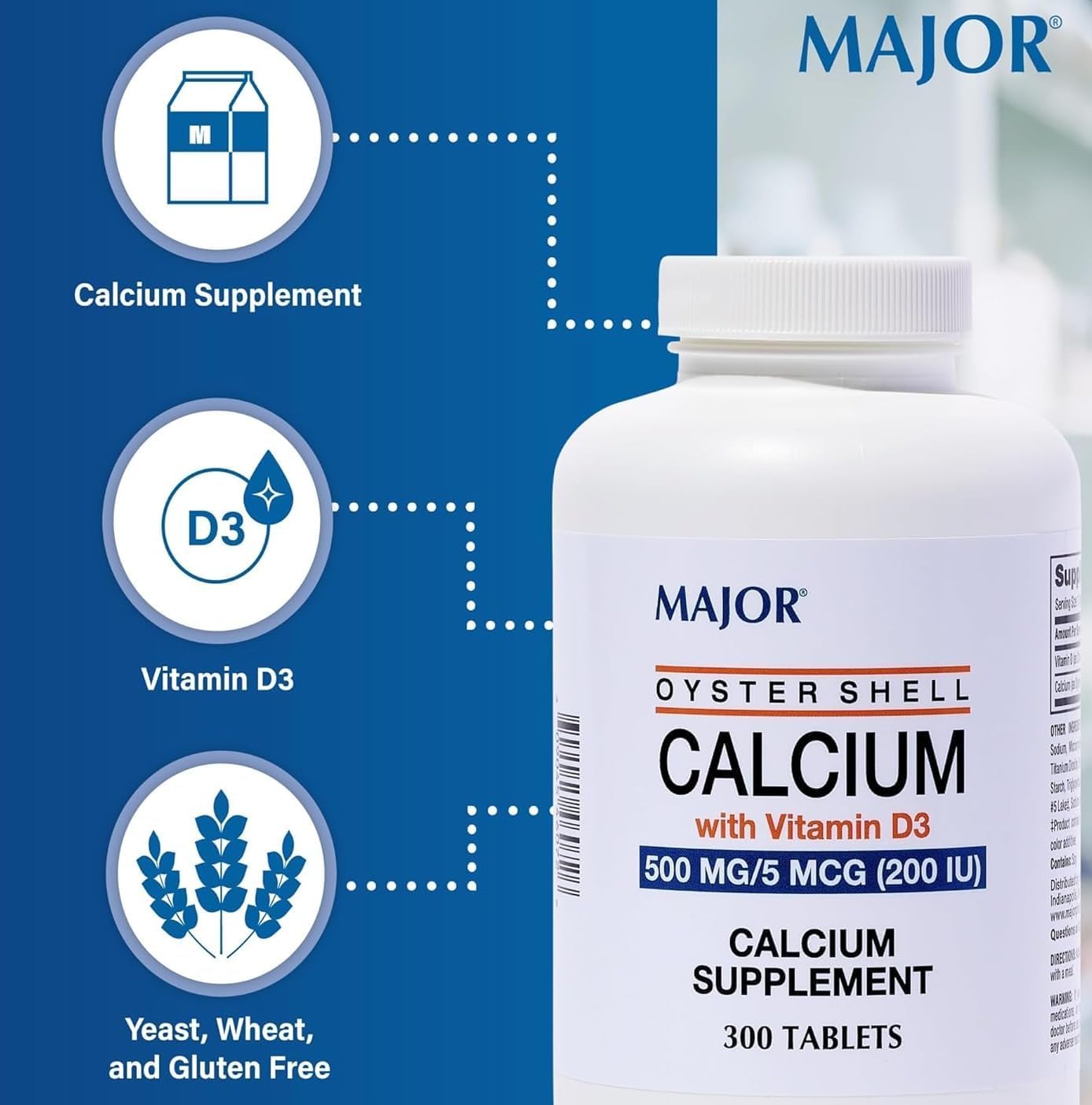 AmeriCan Goods Major Oyster Shell 500mg Calcium Tablets Vitamin D3 Bone & Muscle Support, 300 Tablets