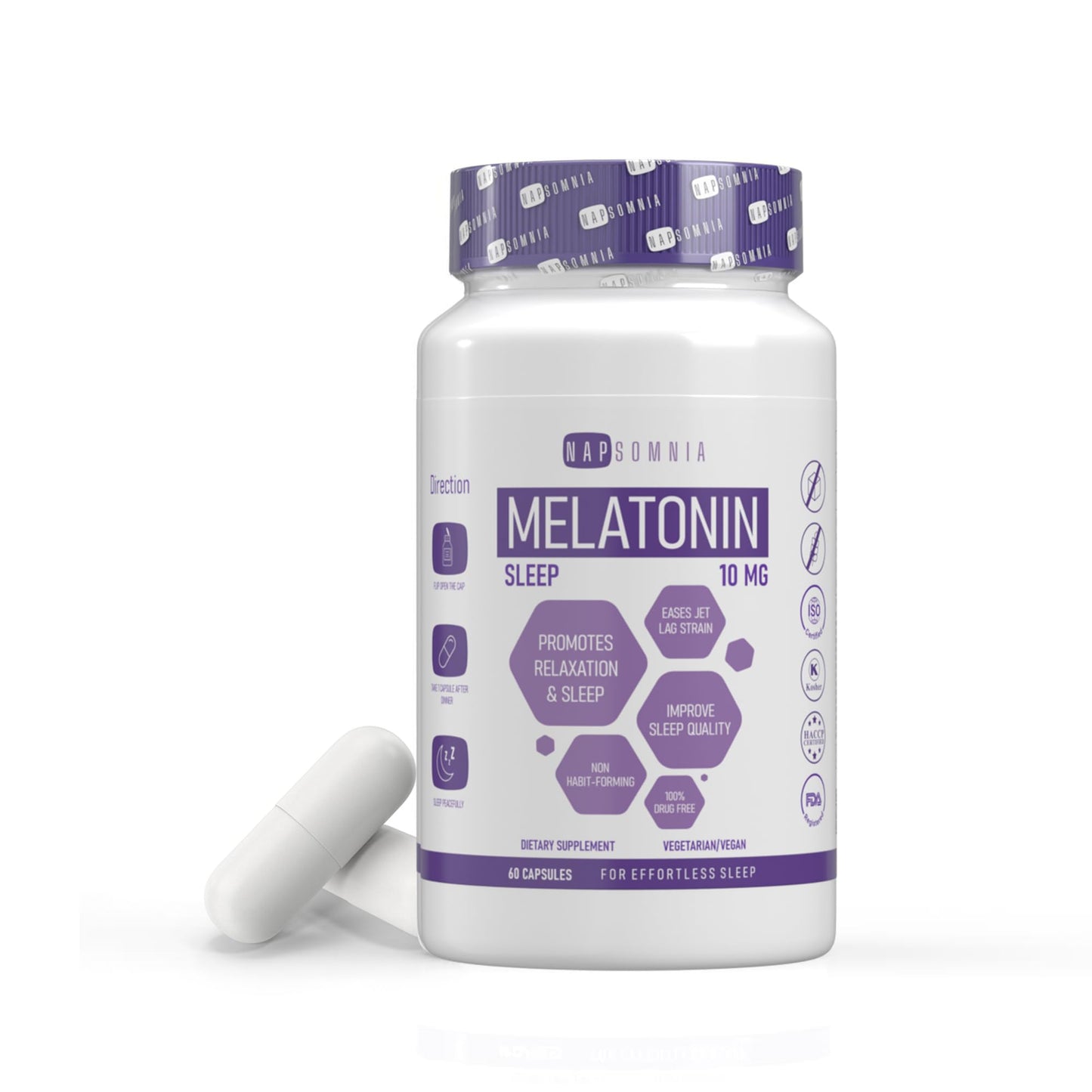 NAPSOMNIA Vegan Melatonin Capsules 10 mg with Valerian Root Extract, Sleep Aid, 60 Capsules