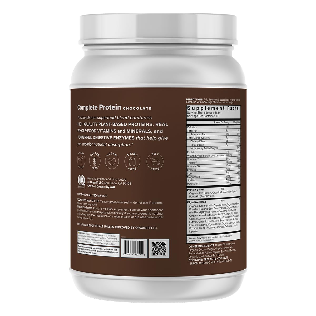 Organifi Complete Protein Chocolate Flavor Organic Vegan Plant Based Protein Powder with Digestive Enzymes, 2.68 lb