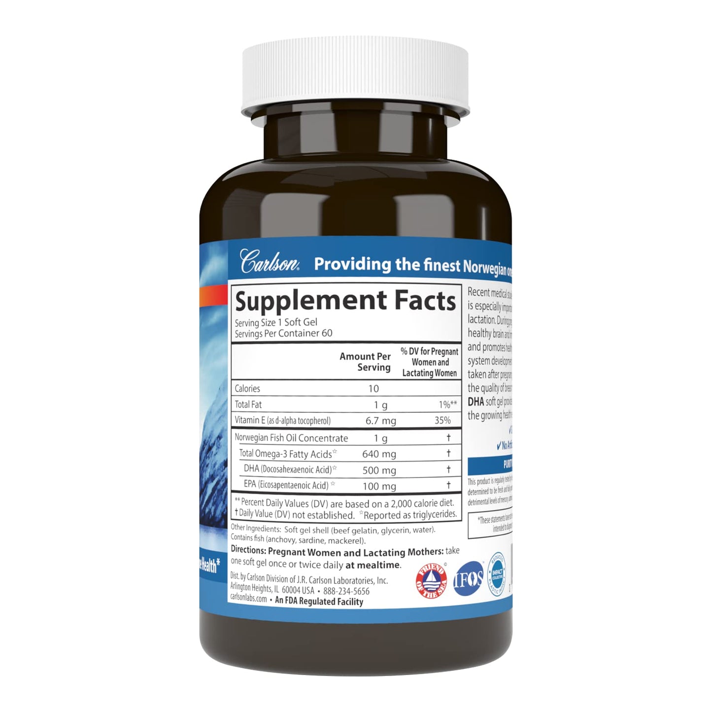 Carlson Mother's DHA 500 mg DHA Prenatal Support, Fetal Development & Immune Health, 60 Softgels