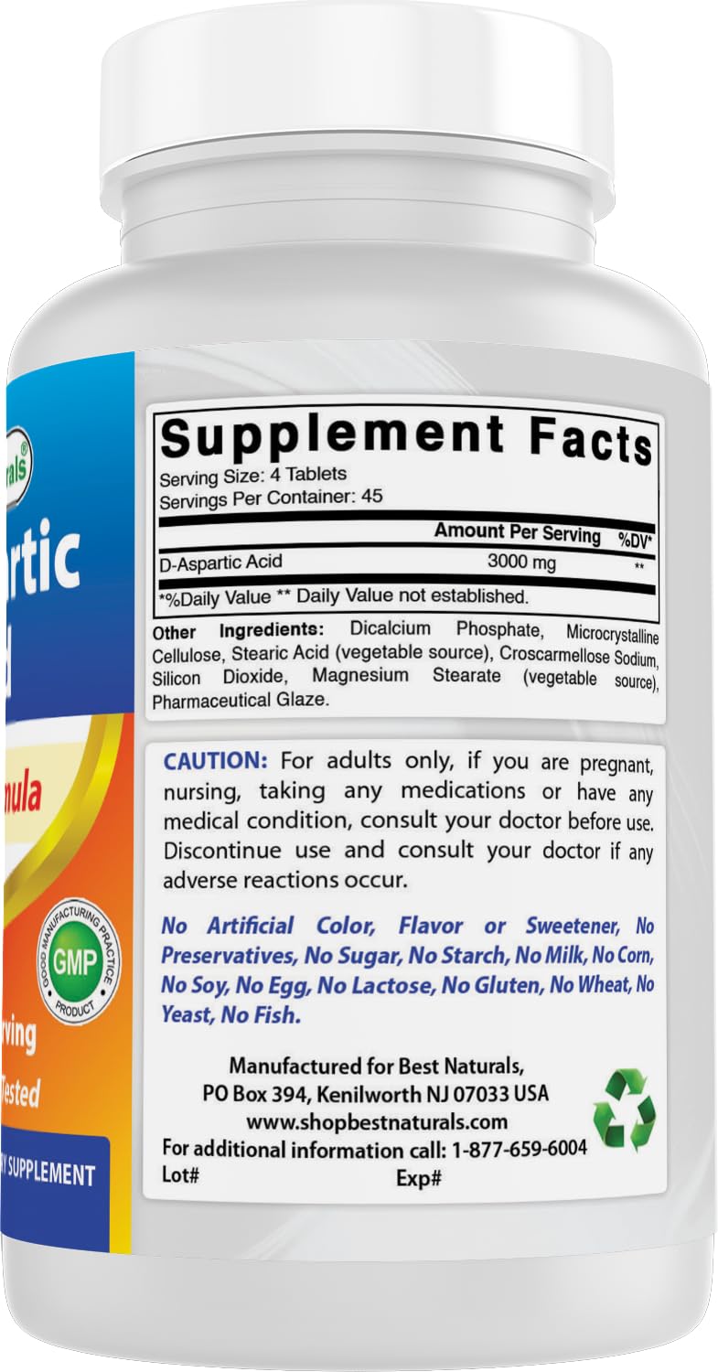Best Naturals D-Aspartic Acid (DAA) 3000mg per Serving Tablets, 180 Count