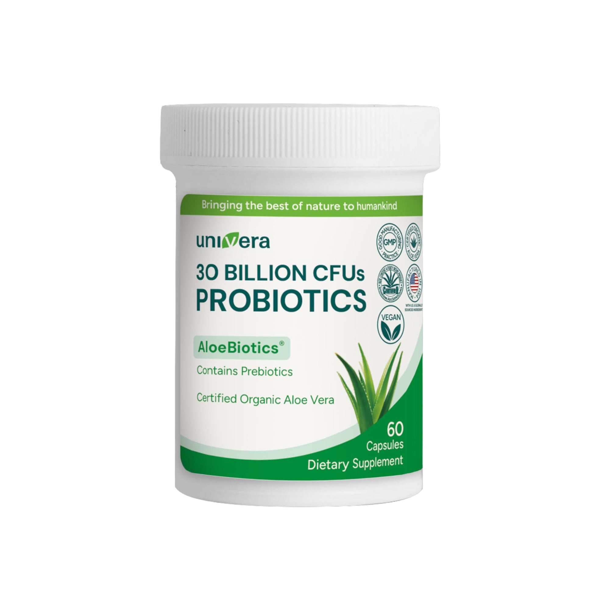 Univera Probiotics Probiotics and Prebiotics 30 Billion CFUs with Organic Aloe Vera, 14 Strains, Digestive Enzymes for Adults, Vegan AloeBiotics Capsule 60 Count