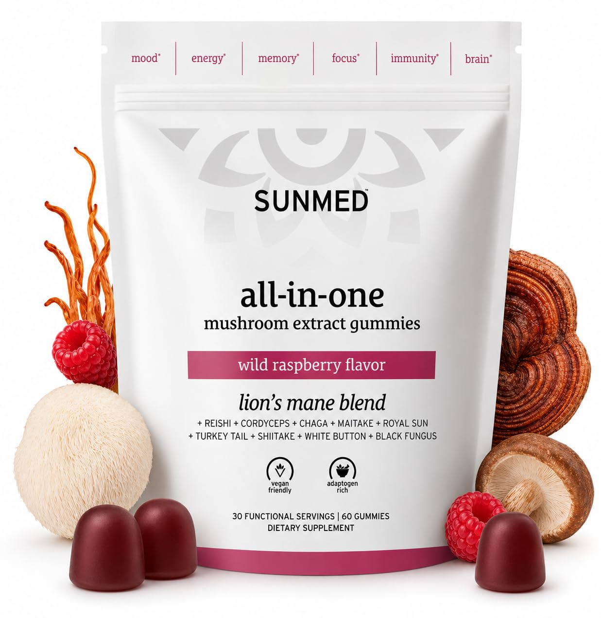 SUNMED All-in-One Mushroom Gummy Supplements, 10 Functional Mushrooms (Lion’s Mane, Reishi, Cordyceps, Chaga), Wild Raspberry Flavor, 60 Gummies