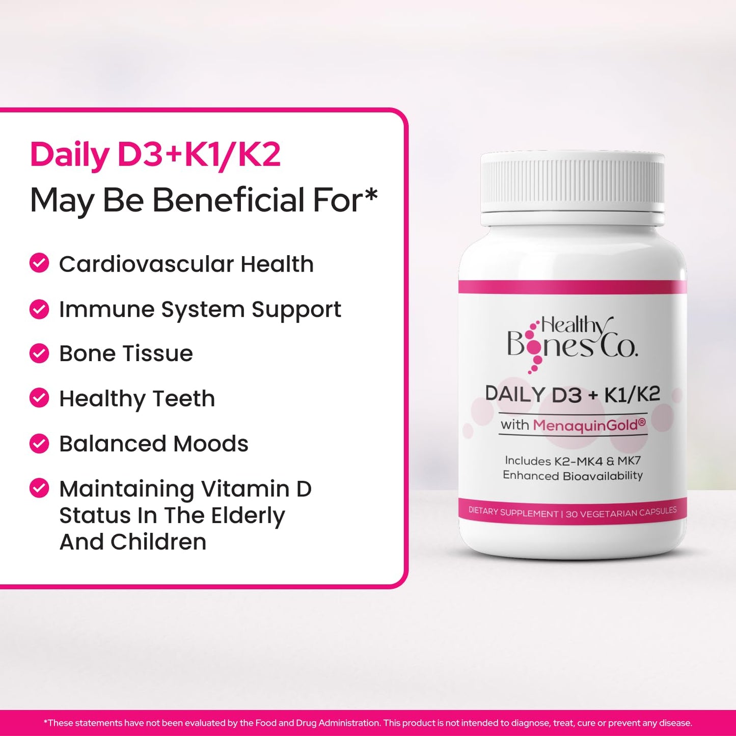Healthy Bones Co. Premium D3 K2 - Full Spectrum Vitamin D3 K2, 2000 IU D3 + MK7 + MK4 + K1, Daily D3 K2 & K1 Supplements - Vitamin D Supports Calcium Absorption for Strong Bones & Immune Health, Capsules, 30