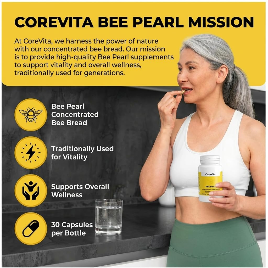 CoreVita Bee Pearl Capsules – Freeze-Dried Bee Bread Supplement for Energy, Immunity & Vitality Support – Natural Superfood, Non-GMO, 30 Capsules