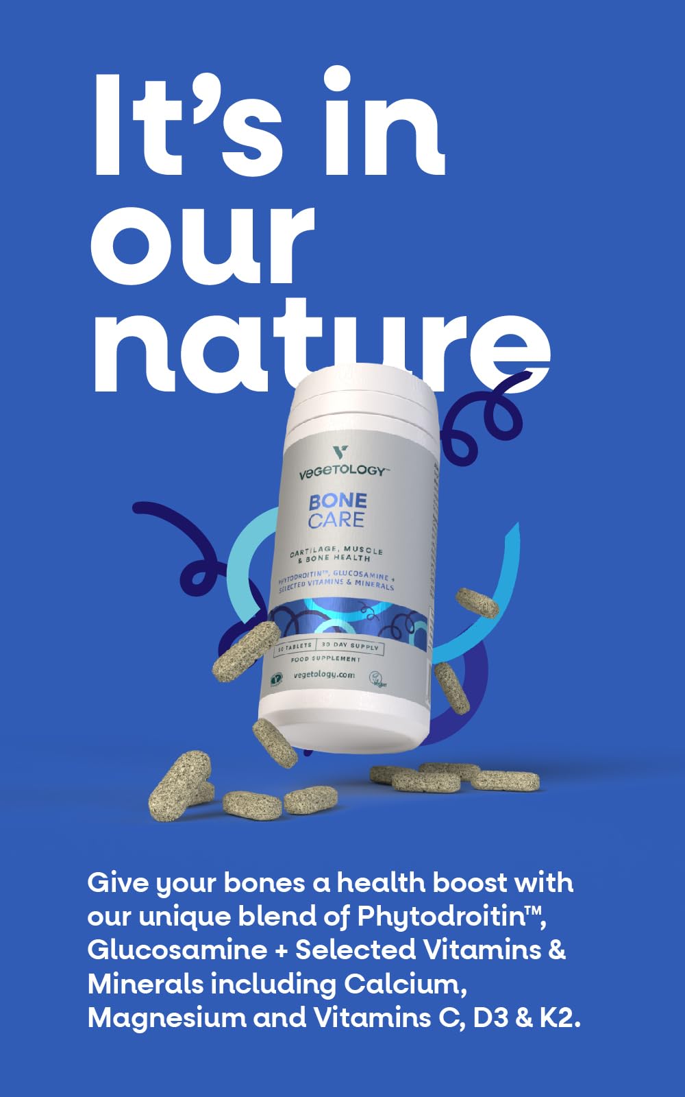 VEGETOLOGY Bone Care Bone Health Supplements - Phytodroitin, Glucosamine, Vitamin D3 K2 & Calcium Supplement – Cartilage, Muscle & Joint Support – Vegan Bone Strength, 60 Tablets