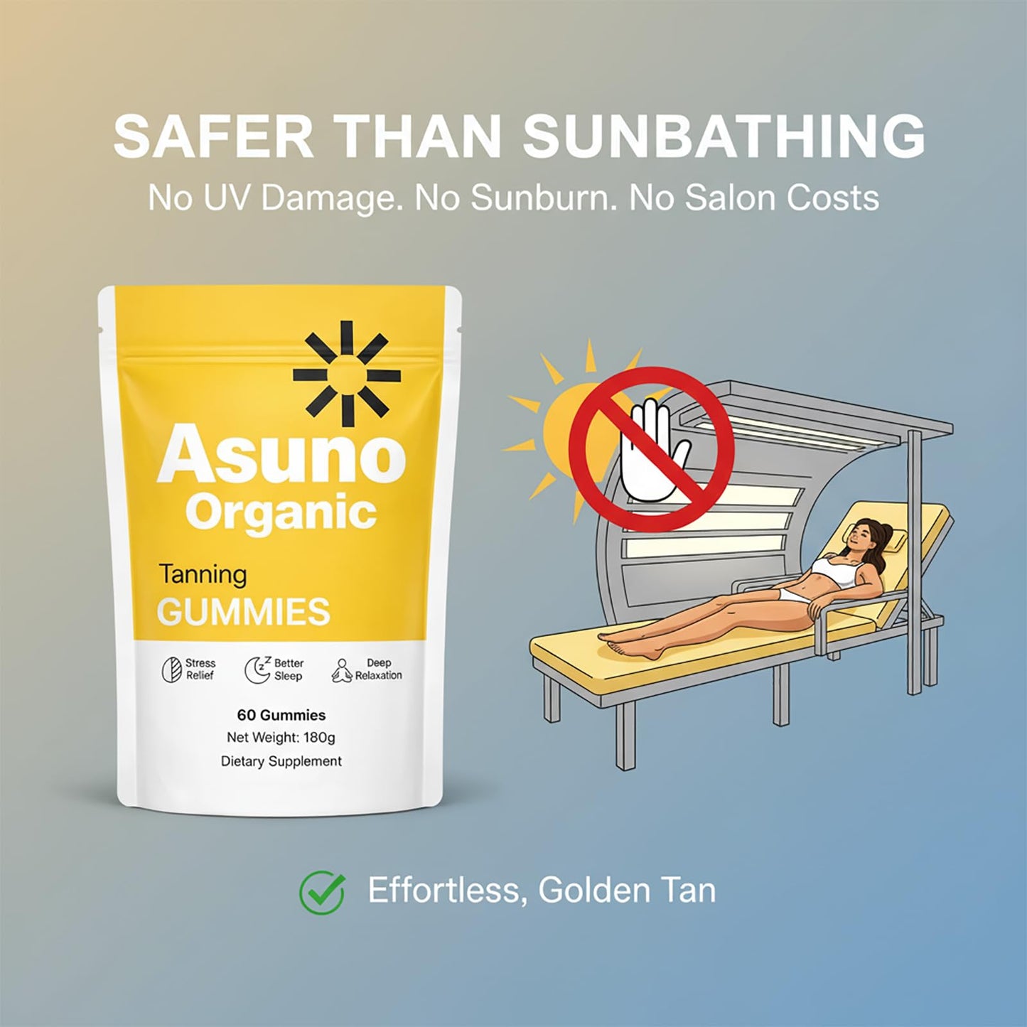Asuno Organic Tanning Gummies with Astaxanthin, Beta Carotene, Vitamin C for Women and Men, 60 Gummies