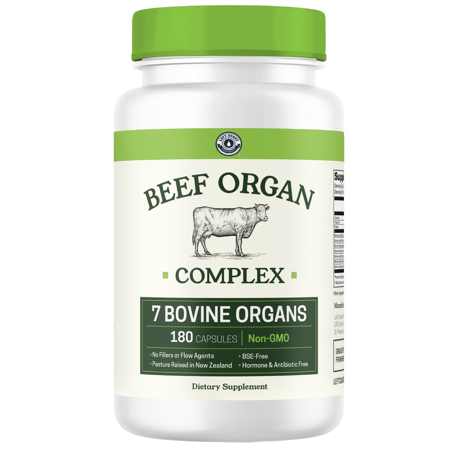 Left Coast Performance Beef Organ Supplement Capsules 180 Count, 7-Organ Complex from New Zealand, Grass Fed, Non-GMO, No Fillers, Hormone & Antibiotic Free, Carnivore Diet