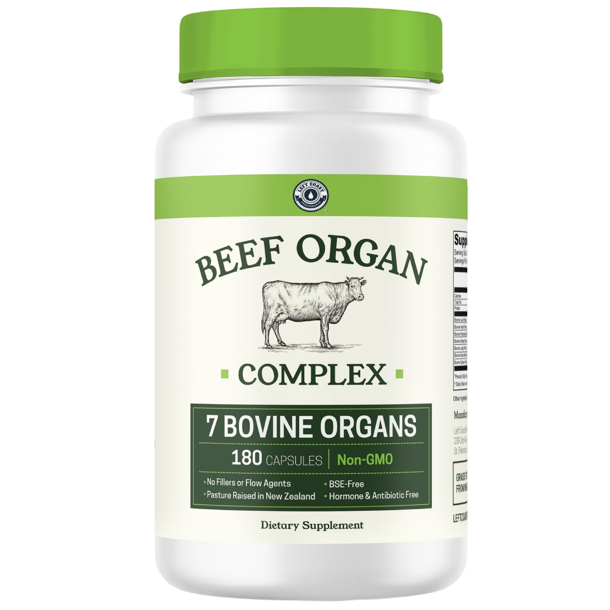 Left Coast Performance Beef Organ Supplement Grass Fed - 7 Beef Organs Complex Capsule, 180 Count