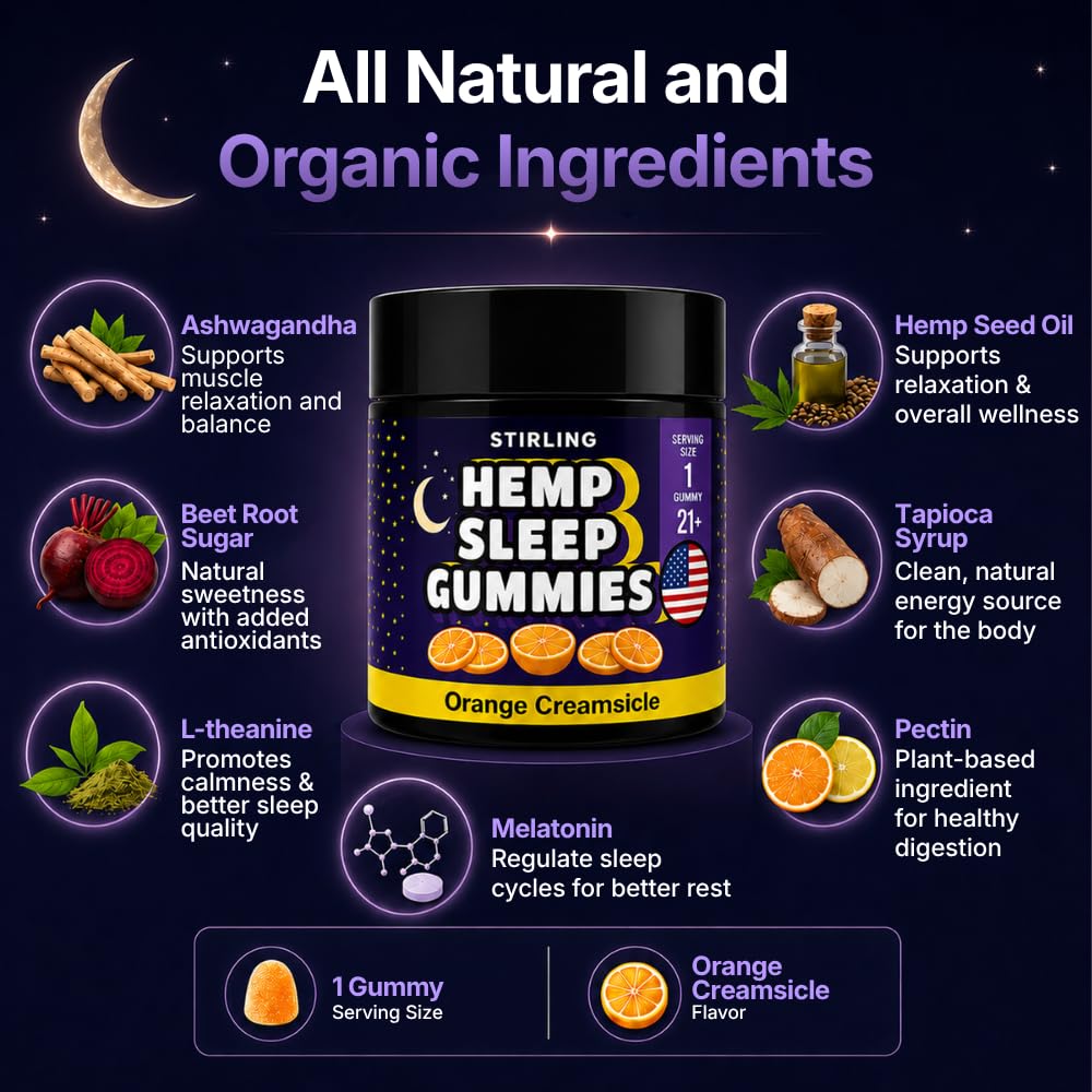 STIRLING Sleep Gummies with Hemp Seed Oil, Orange Creamsicle Flavor, 30 Count