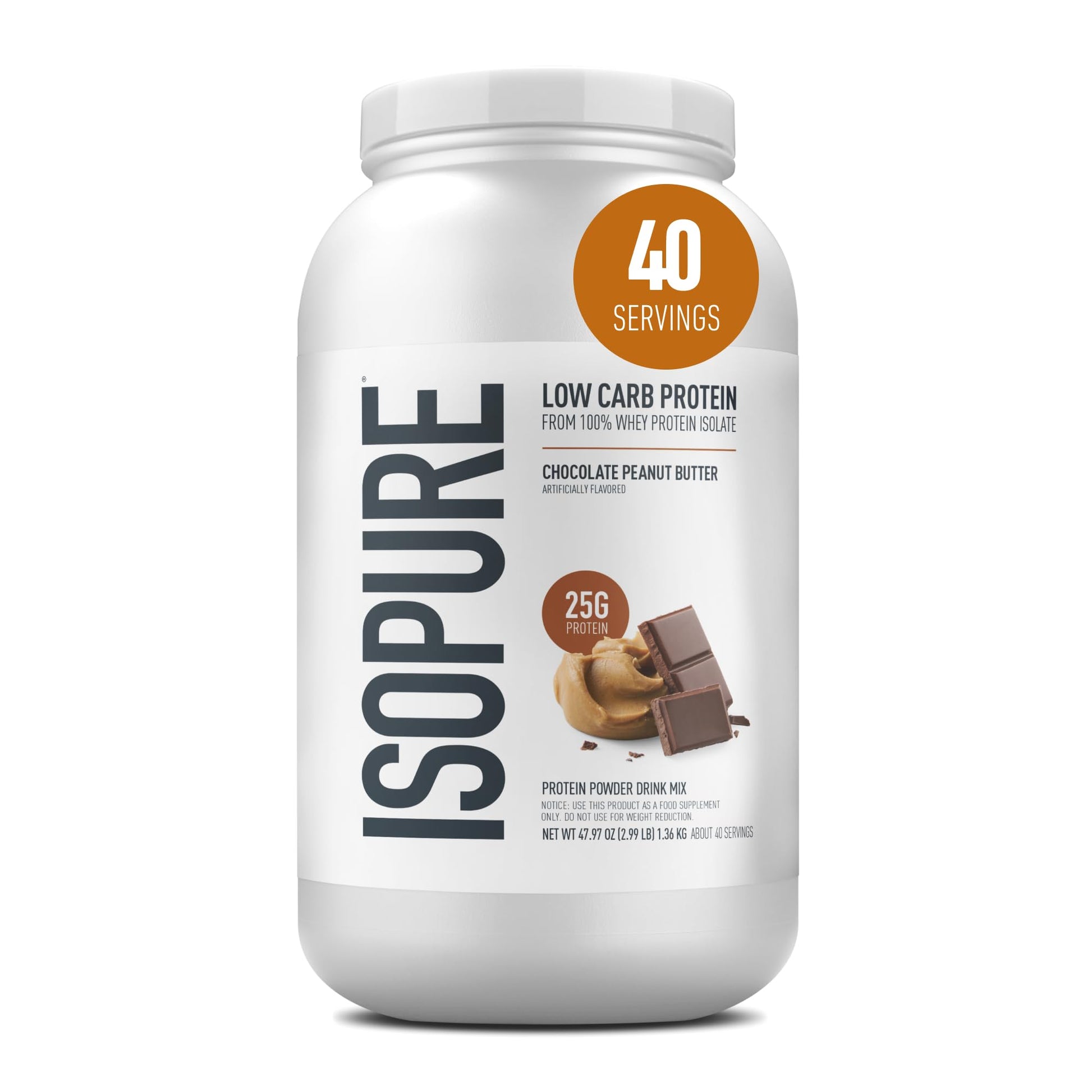 Isopure Low Carb 100% Pure Whey Isolate Protein Powder Chocolate Peanut Butter, 3 Lbs, 48 Count