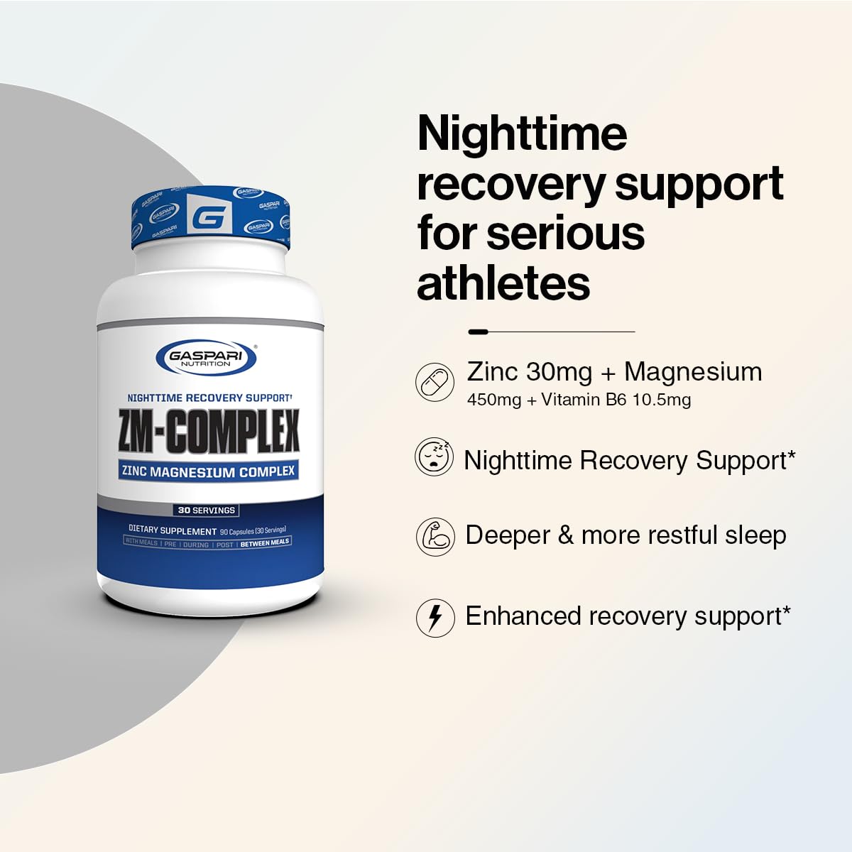 Gaspari Nutrition ZM-Complex Nighttime Muscle Recovery and Healthy Sleep Support, Zinc, Magnesium, Vitamin B-6, 90 Capsules