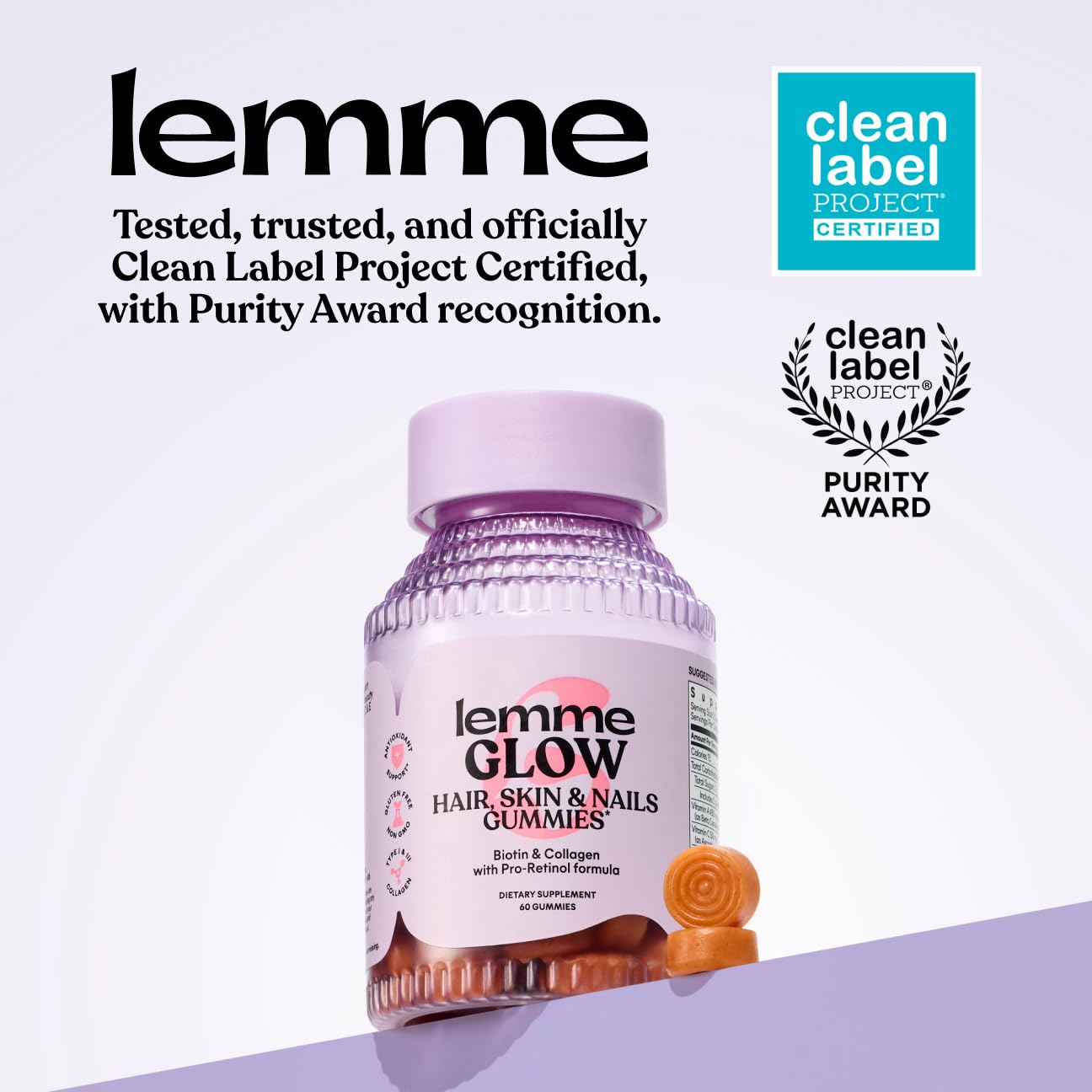 Lemme Glow Collagen Gummies for Thick Hair, Strong Nails & Healthy Skin with Multi-Collagen Peptides, Biotin, Trace Minerals, Zinc, Vitamins A, C & E, 60 Gummies