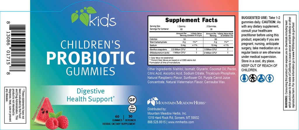 Mountain Meadow Herbs Children's Probiotic Gummies for Kids Digestive Regularity Support Immune System + Microbiome Health for Kids Ages 3+ No Added Sugar Gummy 60