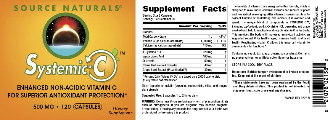 Source Naturals Systemic C 500mg Capsules, 120 Count