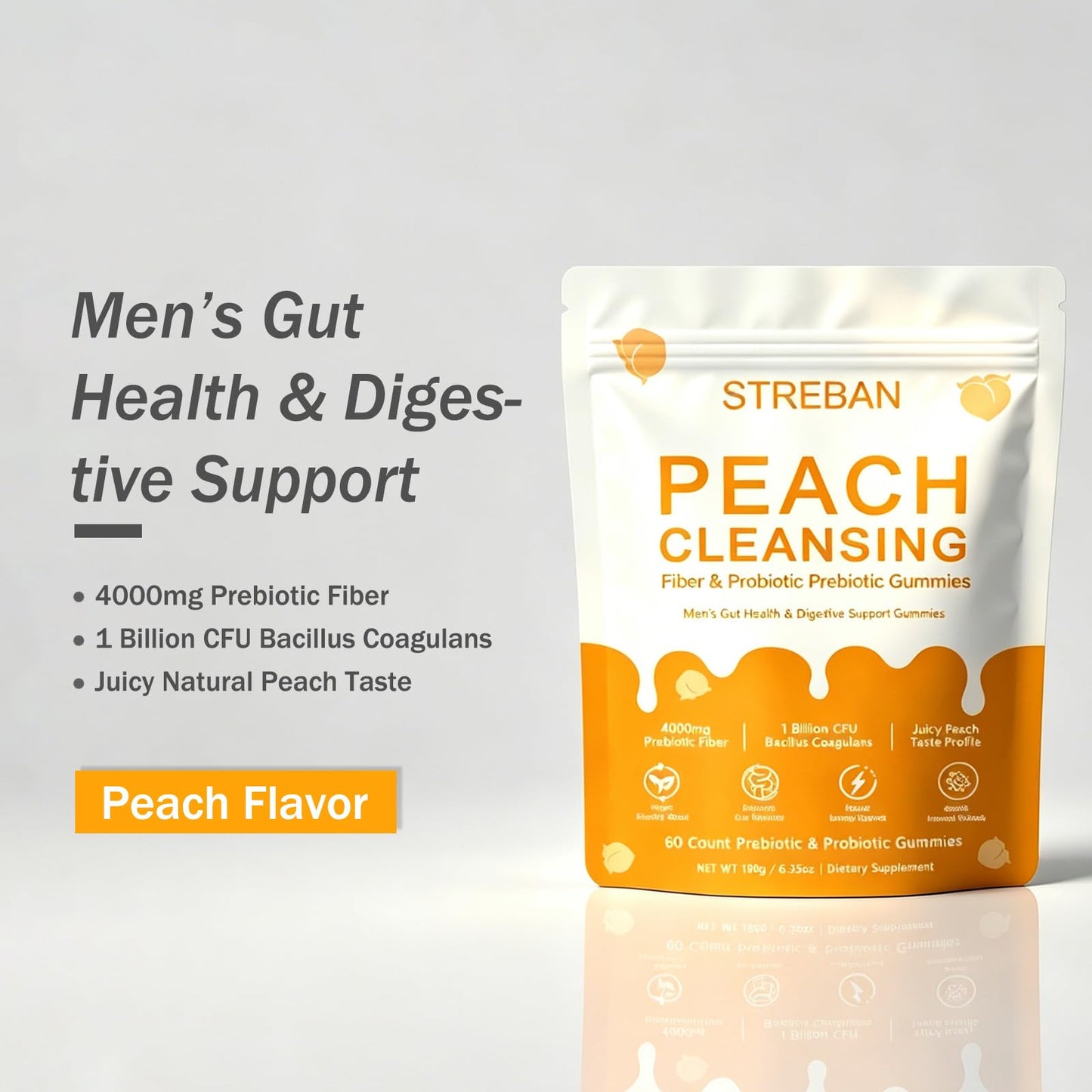 STREBAN Peach Pre+Probiotic Fiber Clean Gummies for Men, 60 Count