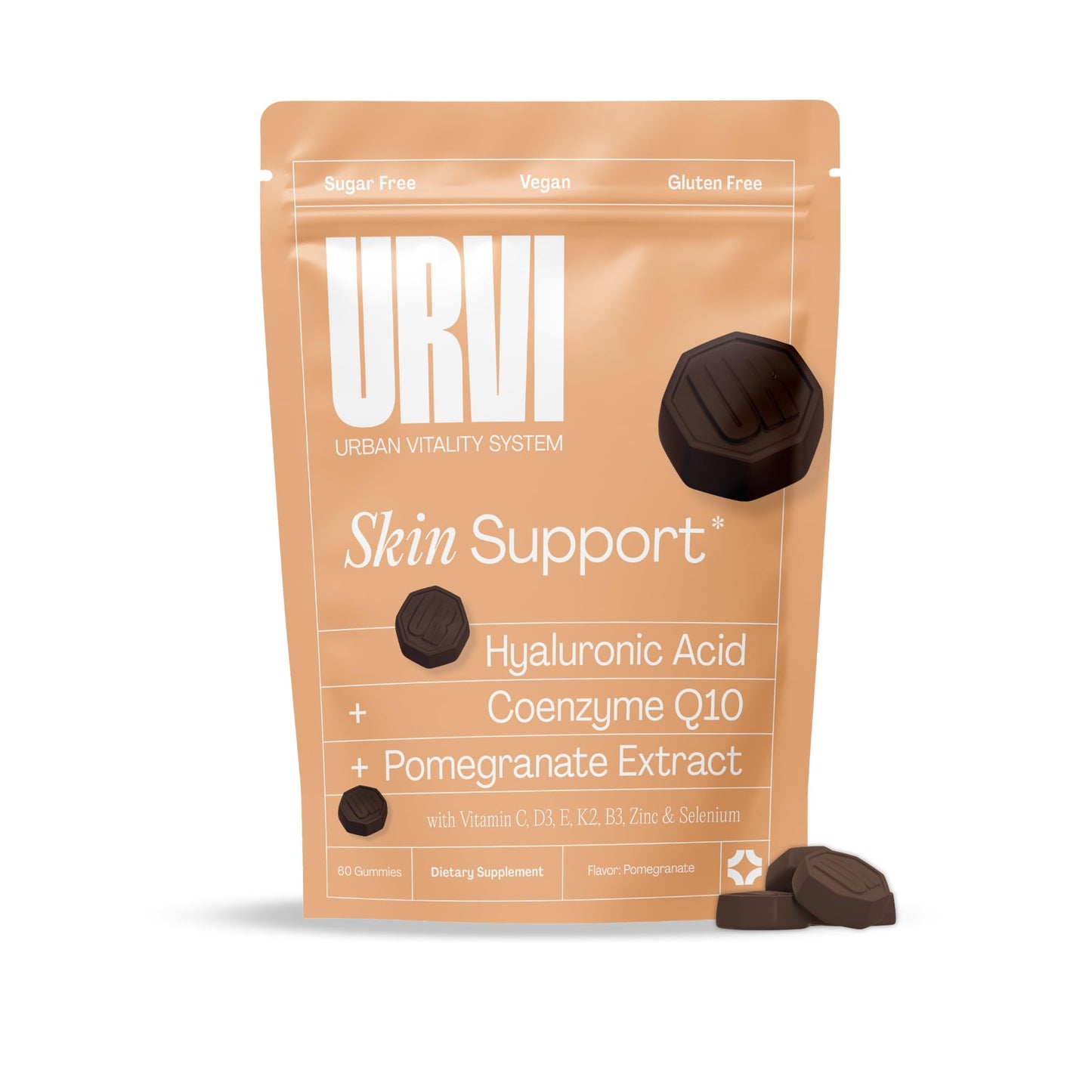 URVI 10-in-1 Skin Gummies Hyaluronic Acid, Coenzyme Q10, Pomegranate Extract + 7 Vitamins & Minerals Skin Health & Anti-Aging Vegan, Sugar Free, Gluten Free Pomegranate Flavor, 60 Gummies