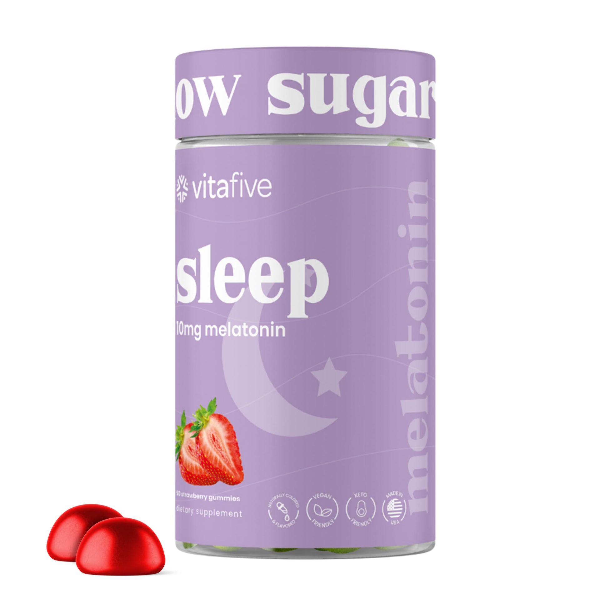 VitaFive Extra Strength Melatonin Gummies 10 mg Sleep Aid for Adults, Low Sugar, Vegan, Gluten Free Melatonin Supplement 50 Gummies