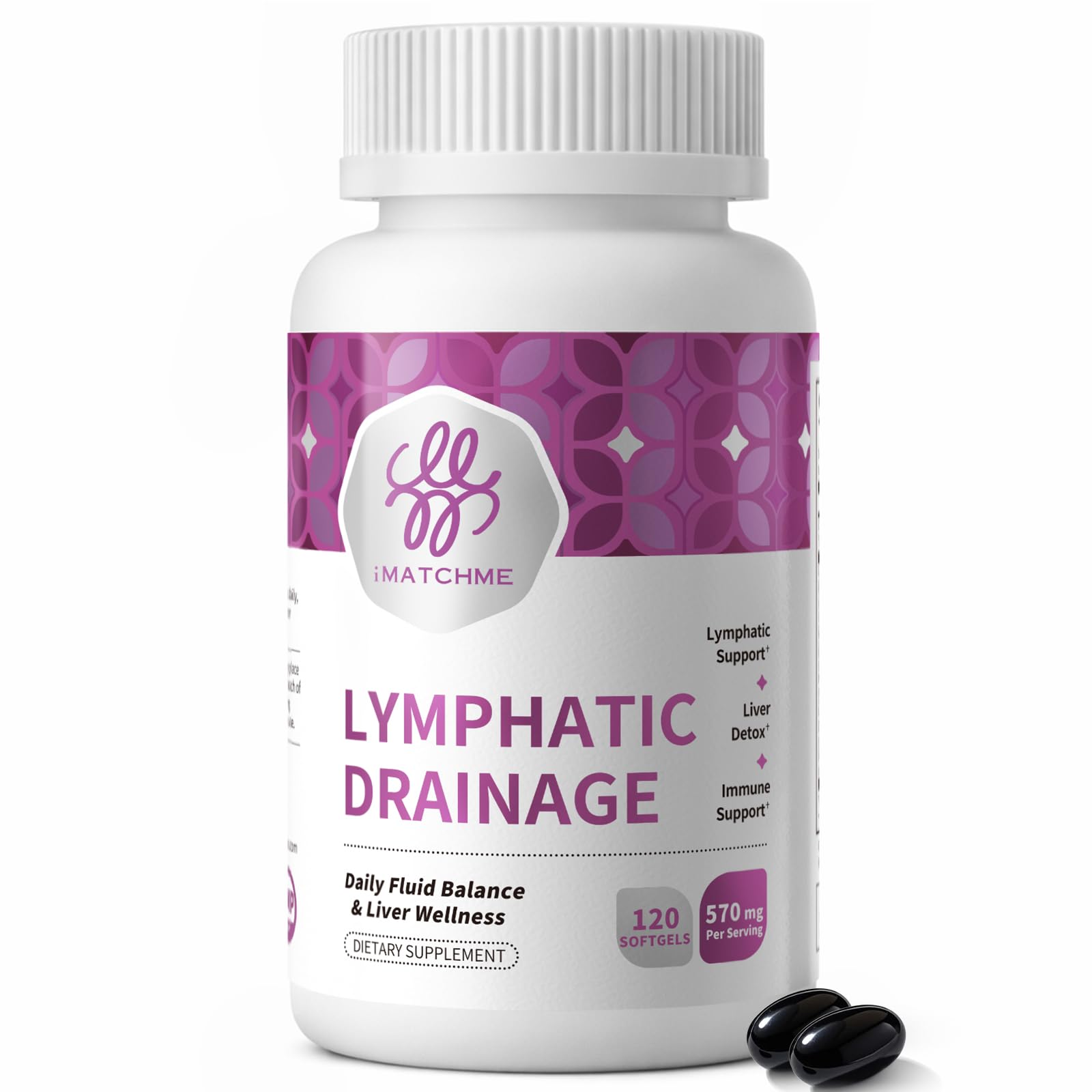 iMATCHME Lymphatic Drainage Supplement for Lymphatic Support & Detox Liver & Kidney Health, Fluid Balance with Cleavers, Burdock, Dandelion, Elderberry - Vegan Softgels, 120 Softgels