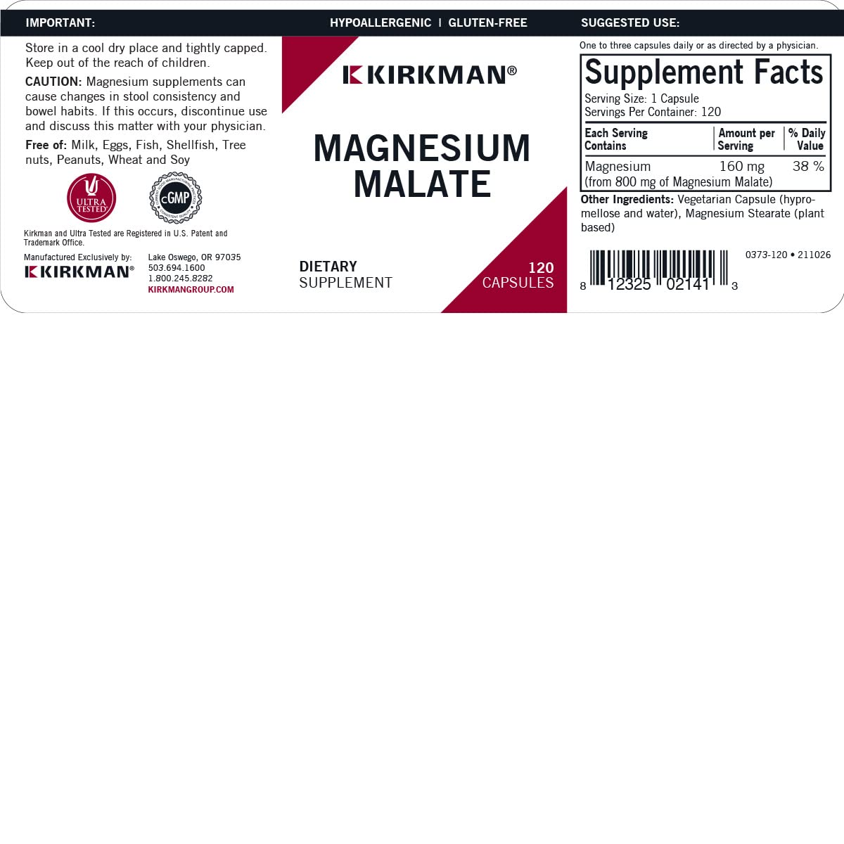 Kirkman Magnesium Malate 1000 mg Capsules, 120 Count