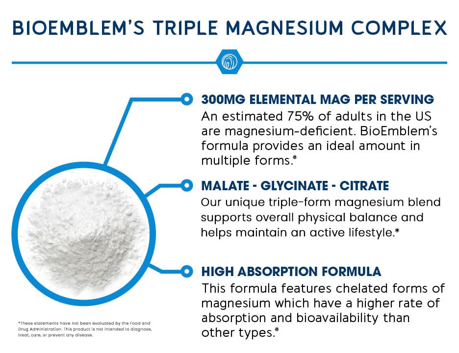 BioEmblem Triple Magnesium Complex 300mg Magnesium Glycinate, Malate & Citrate, 90 Capsules