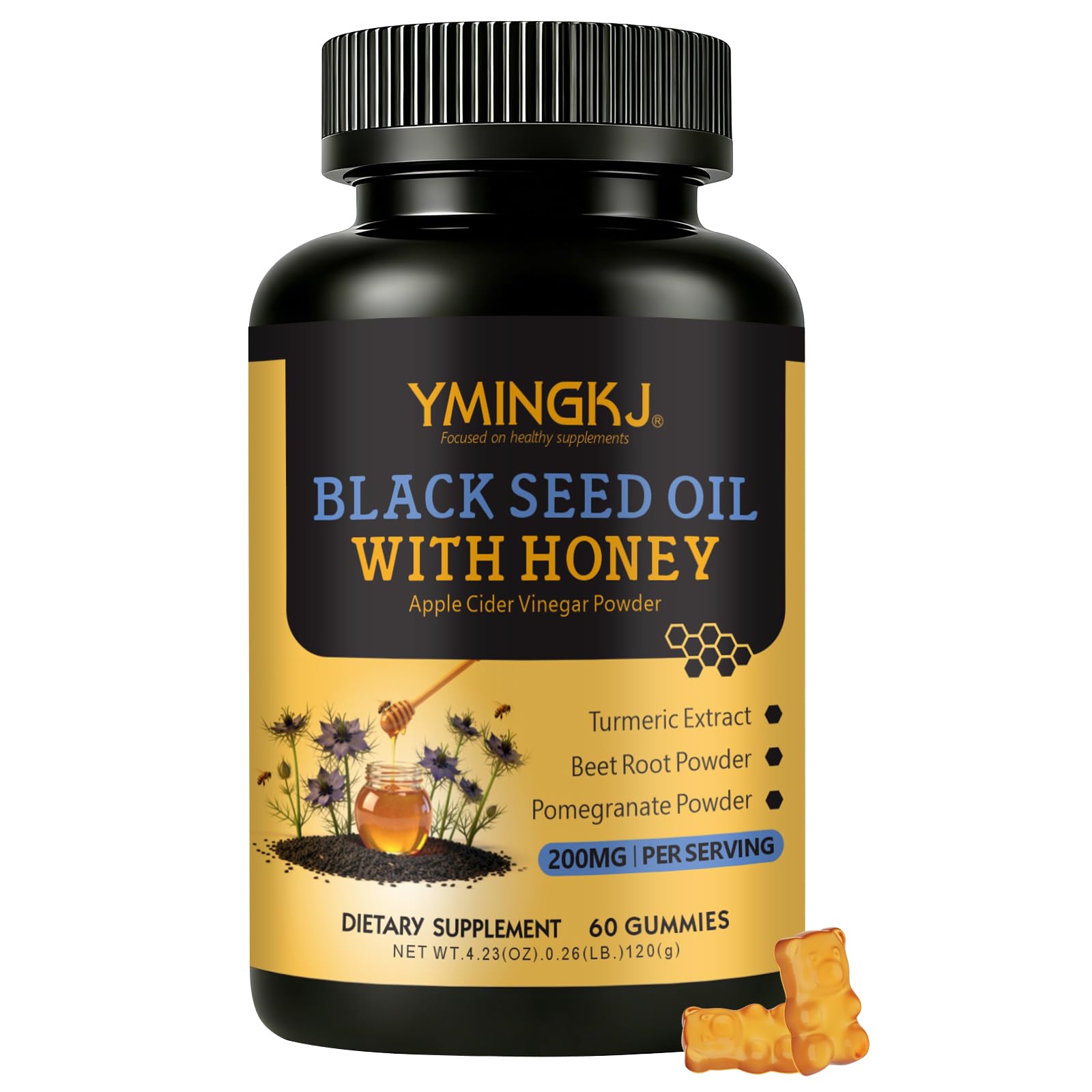 YMINGKJ Black Cumin Seed Oil Gummies with Biotin & ACV, Vitamin C, Turmeric & Honey – Supports Immune System, Radiant Skin & Digestive Wellness – Vegan, Pectin-Based, 60 Gummies