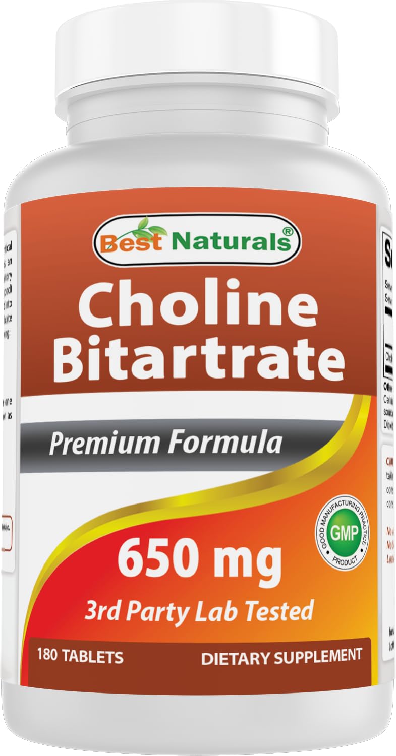 Best Naturals Choline Bitartrate 650 mg (Non-GMO) for Healthy Cognitive Brain Function, 180 Tablets