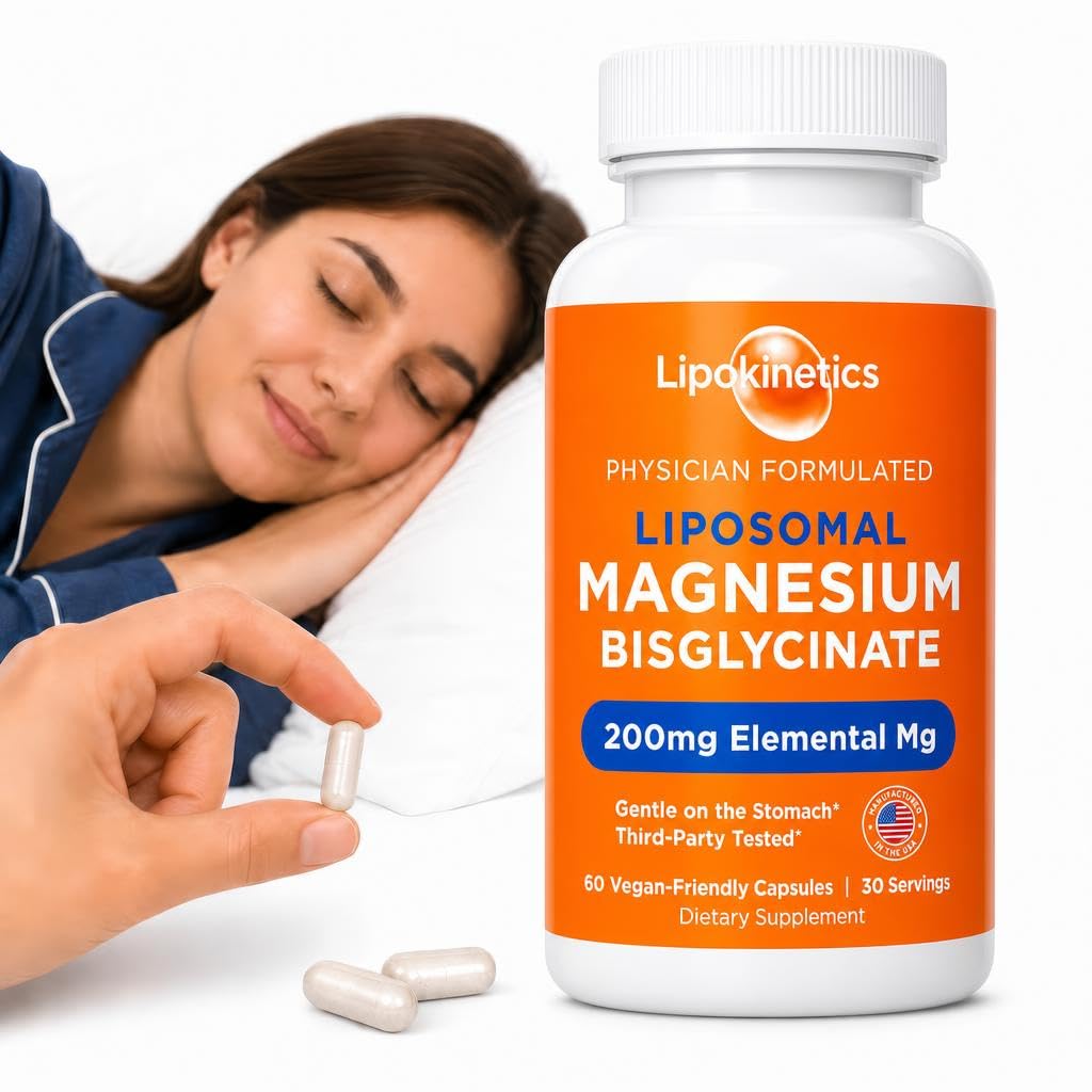 LIPOKINETICS Liposomal Magnesium Bisglycinate 200mg Elemental Mg, High Absorption Magnesium Glycinate, Sleep, Muscle and Stress Support, 60 Vegan Capsules