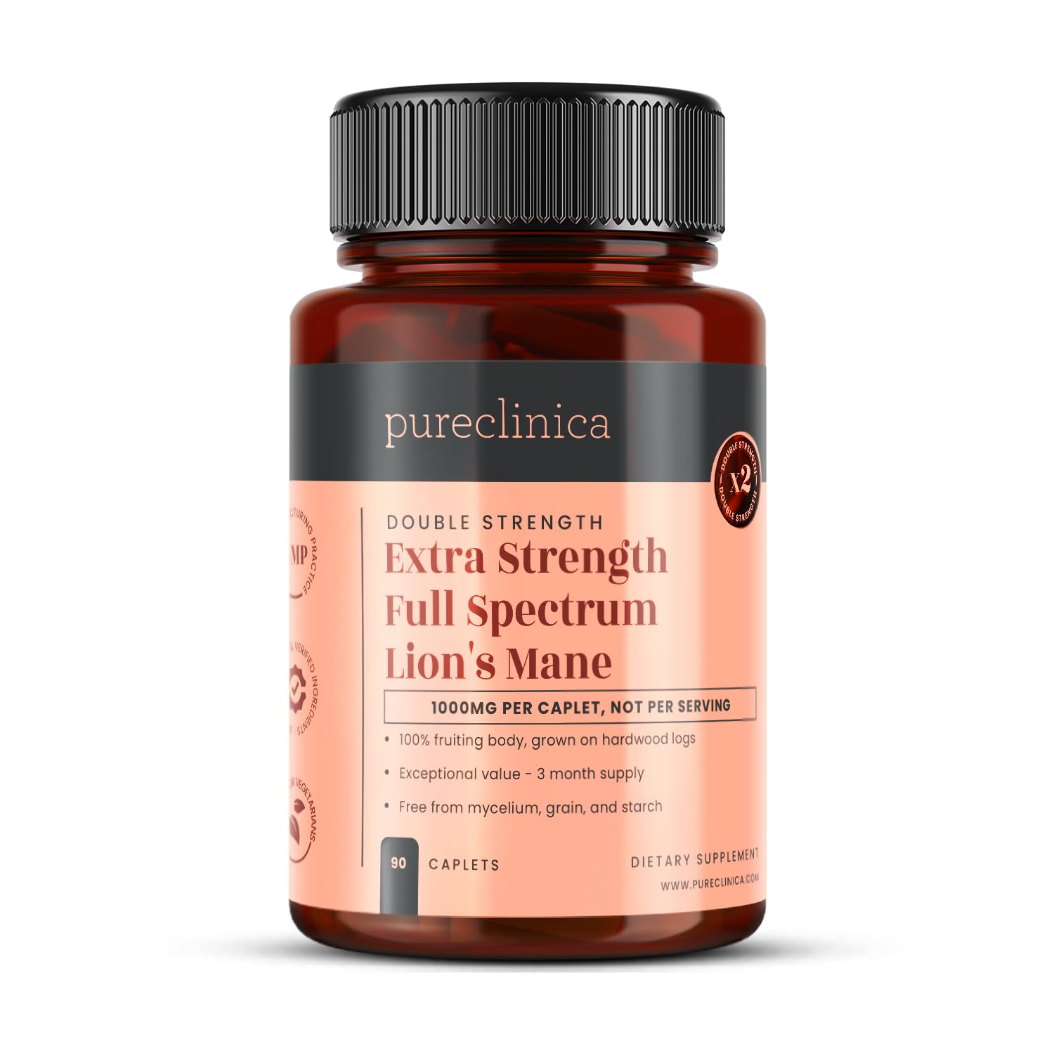 pureclinica Full Spectrum Lion’s Mane Mushroom Extract (15:1) 1000mg Per Caplet, 90 Caplets