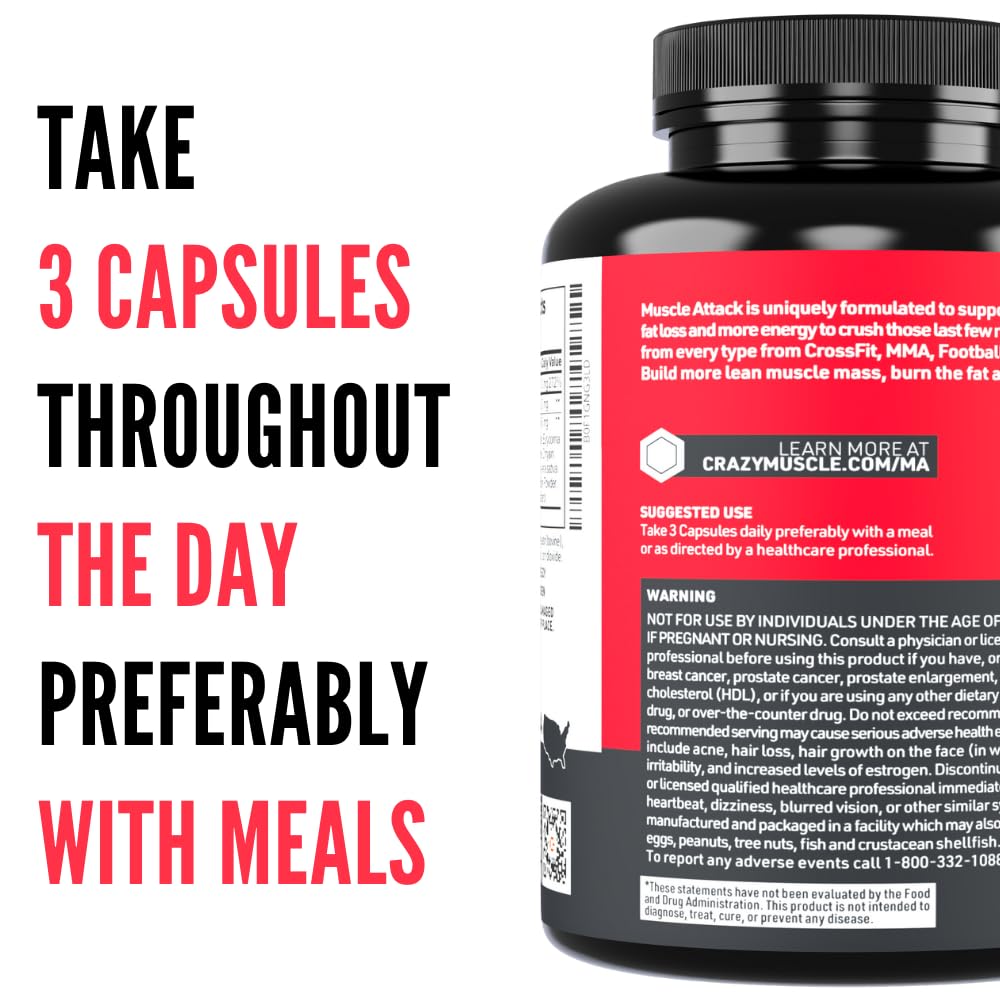 Crazy Muscle Testosterone Booster for Men with DHEA, 100mg, Muscle Attack, 90 Capsules